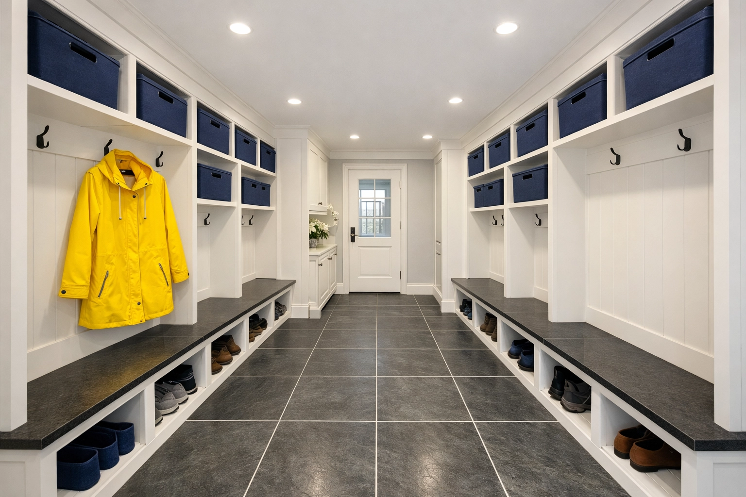 Deep cleaned luxury mudroom in a Winchester estate featuring organized storage and spotless slate flooring.