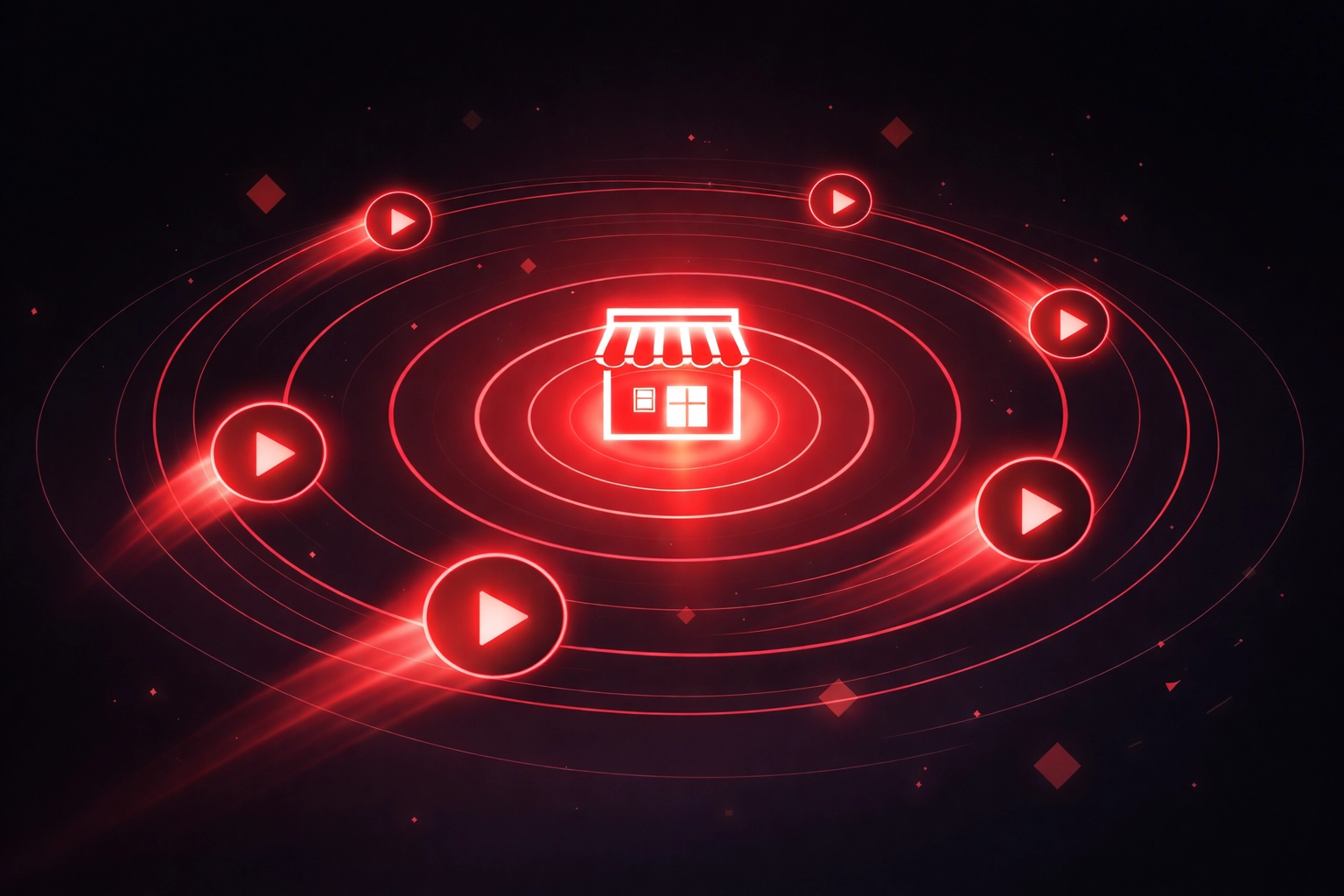 Digital storefront with radiating video icons represents video commerce growth and reach for small businesses