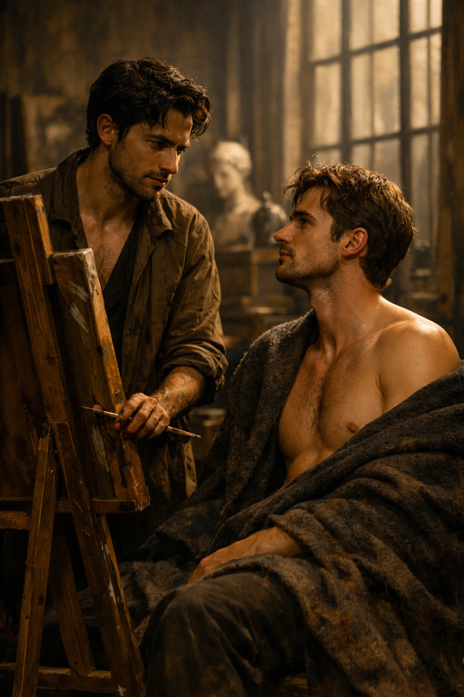 Intimate artist and model scene between two men in a vintage studio, reflecting a classic MM romance trope.