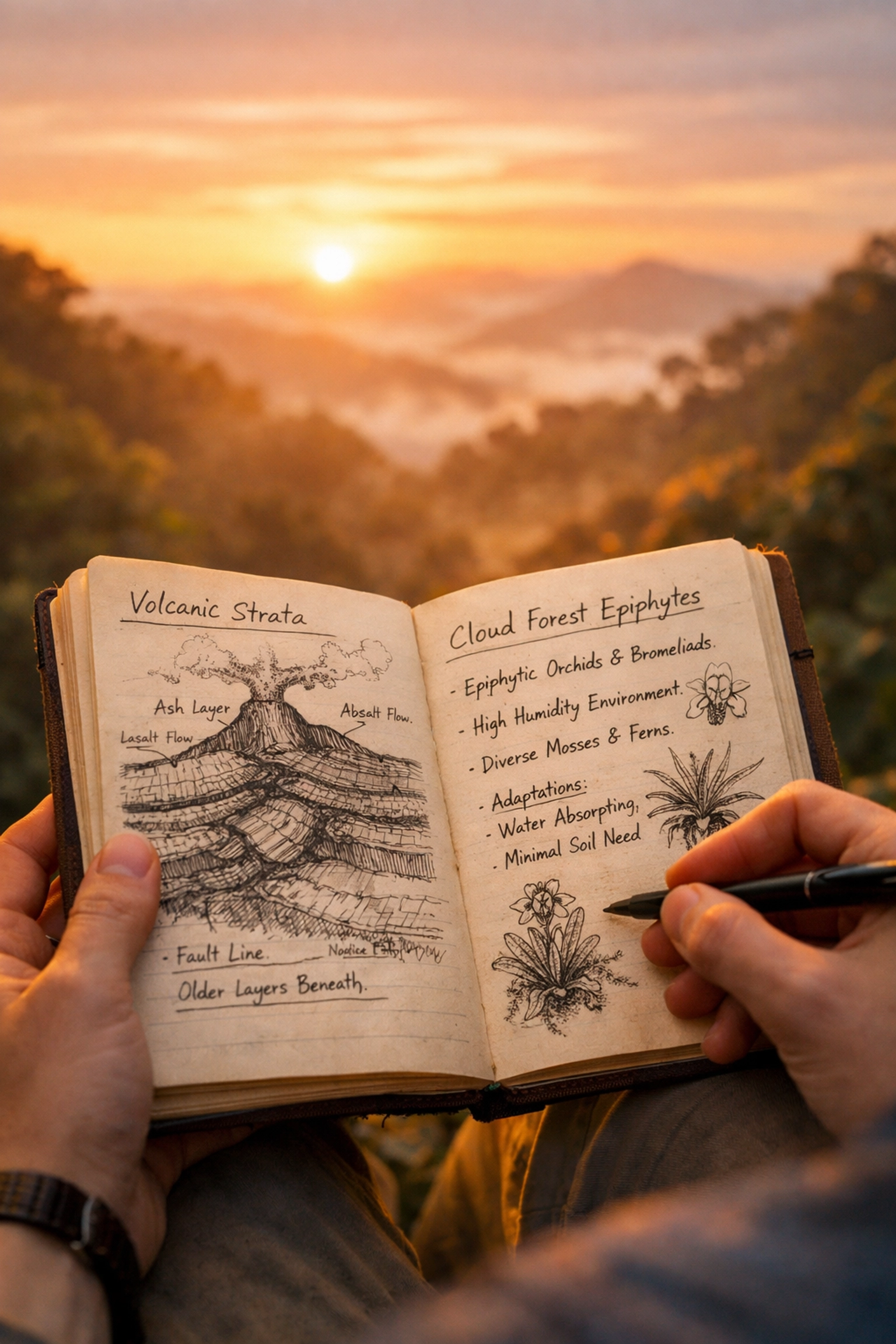Student field journal featuring scientific sketches and notes on Costa Rican geology and ecosystems.