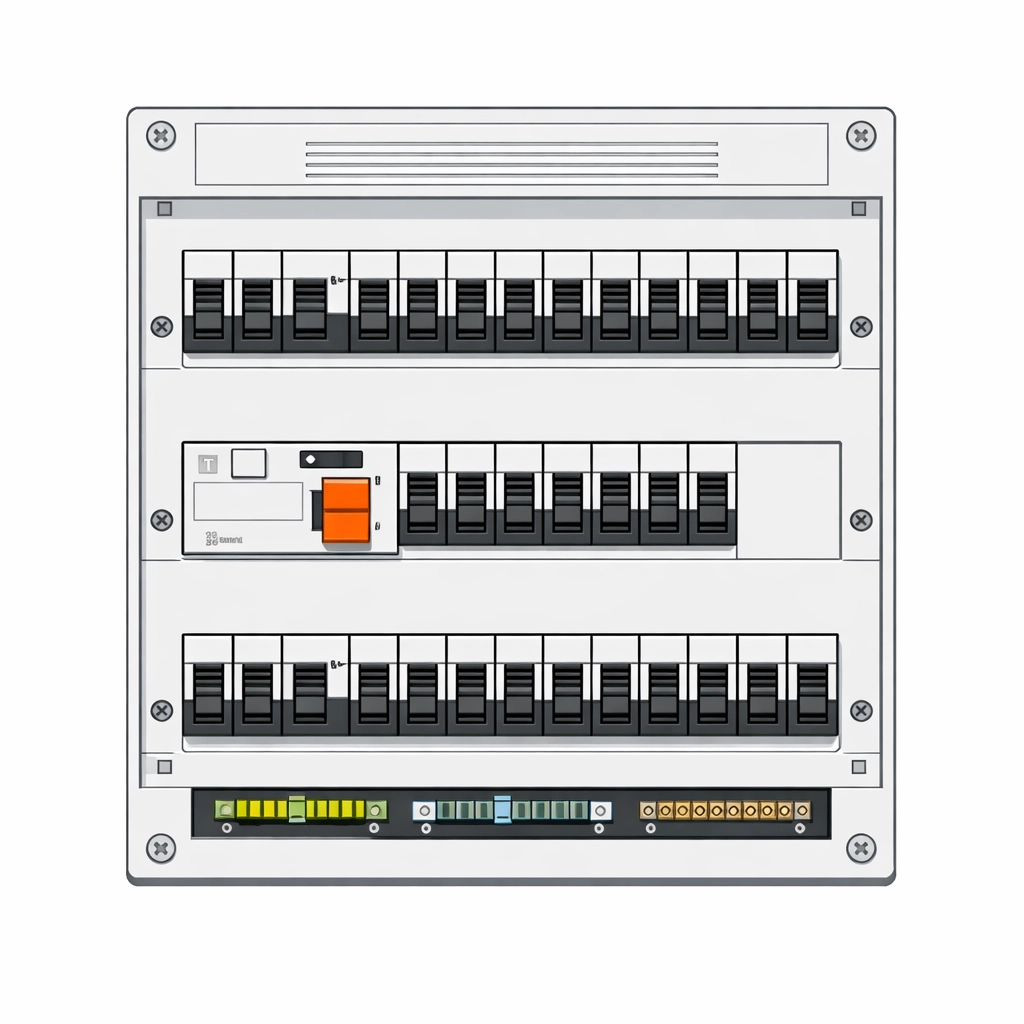 Technisch-präzise Darstellung eines Sicherungskastens mit FI-Schutzschalter bei Stromausfall.
