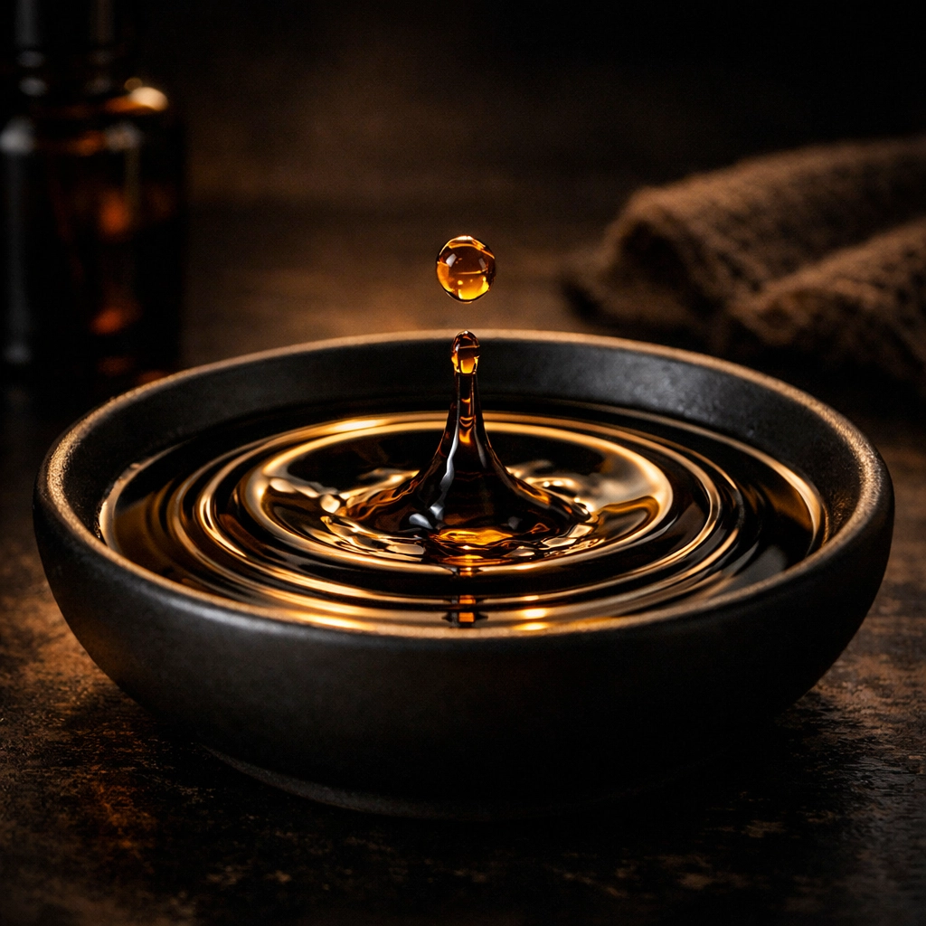 Amber-colored beard oil splashing into a dish, showing the pure, soothing carrier blend.