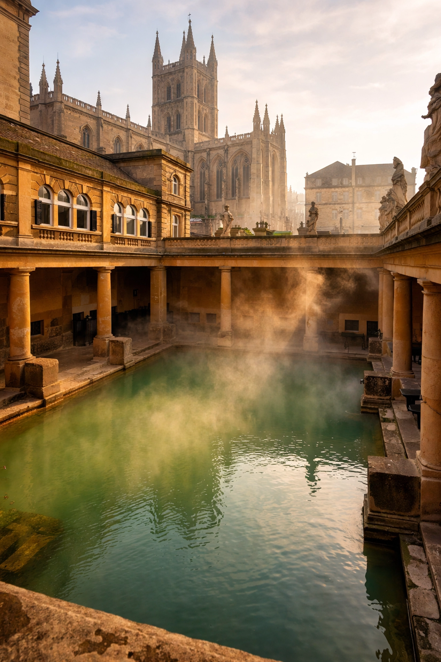 The Roman Great Bath in Bath, England, steaming under morning light with Bath Abbey in the background.