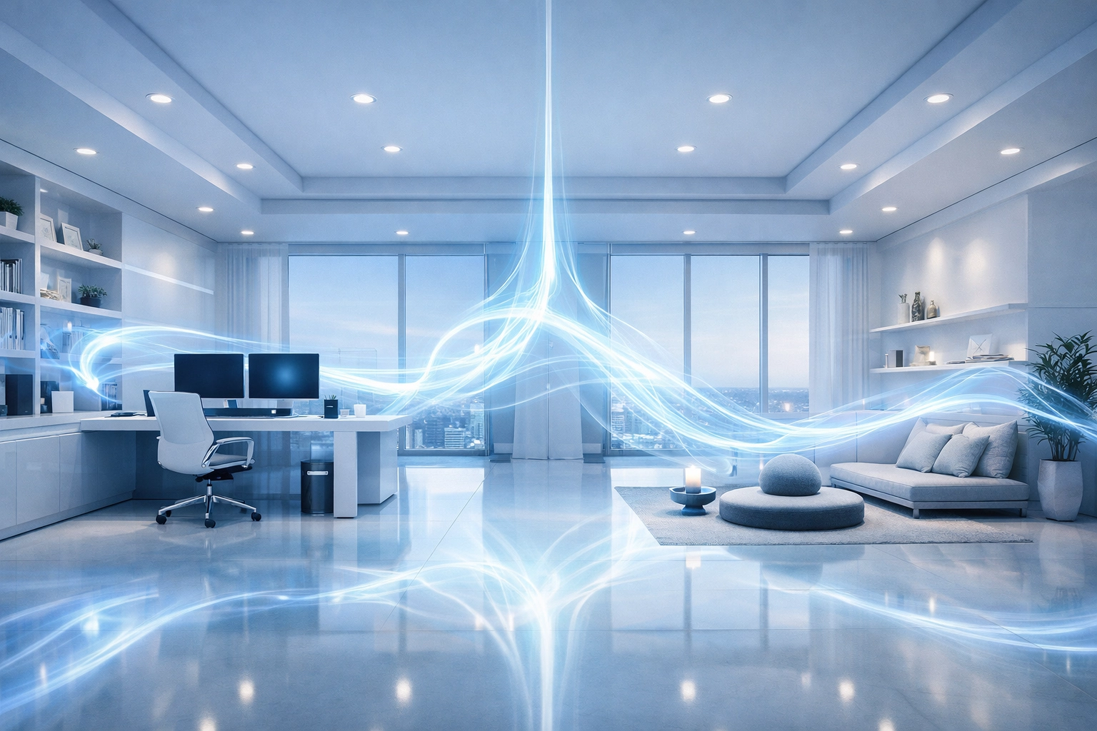 Modern high-end apartment with neural light paths representing a mental reset from house cleaning.