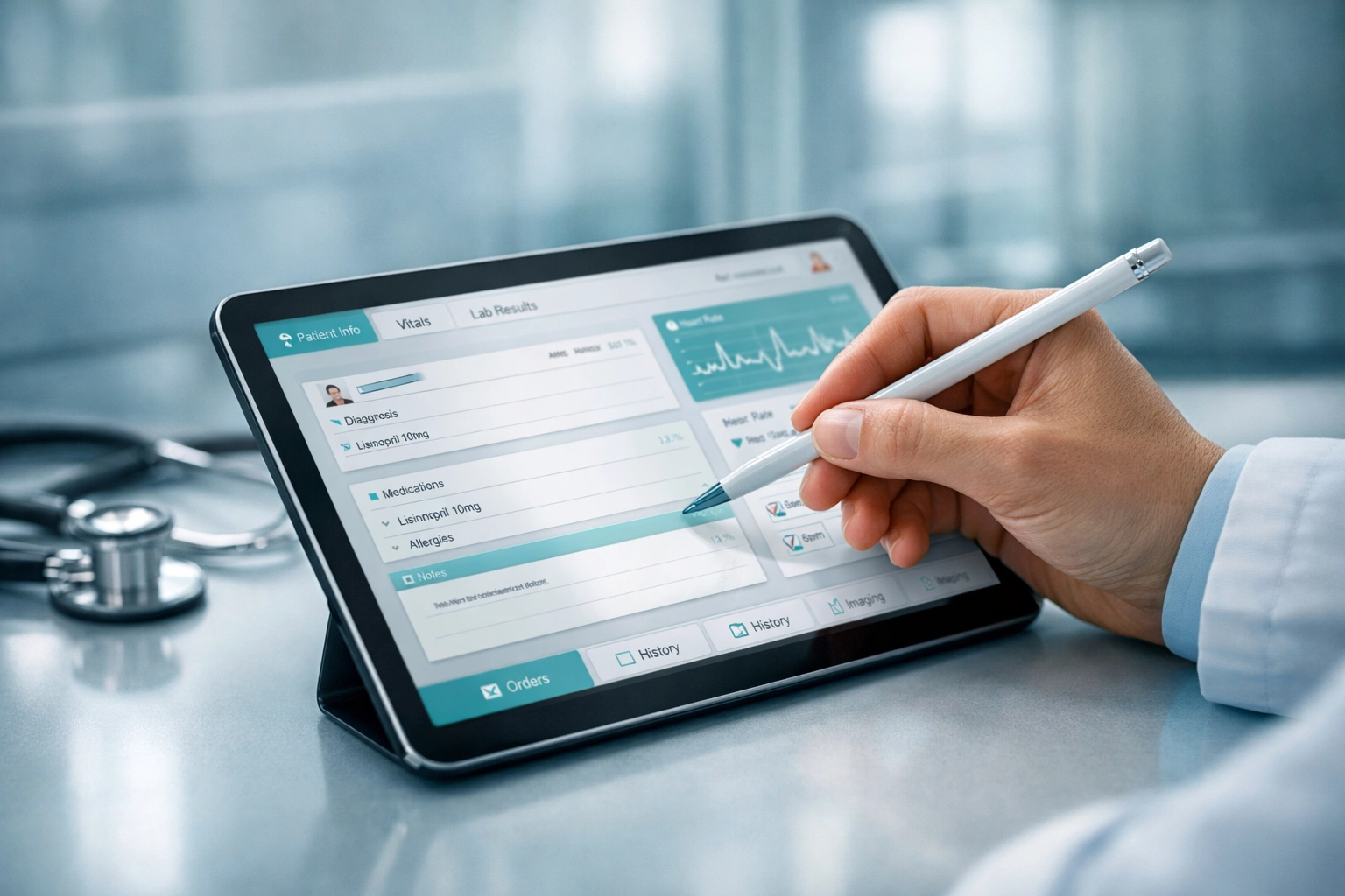 Clinician using home health documentation software on a tablet with real-time clinical decision support.