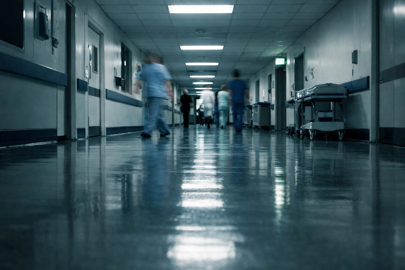 A clinical NHS hospital corridor at night highlighting the urgent nature of paediatric medical care.