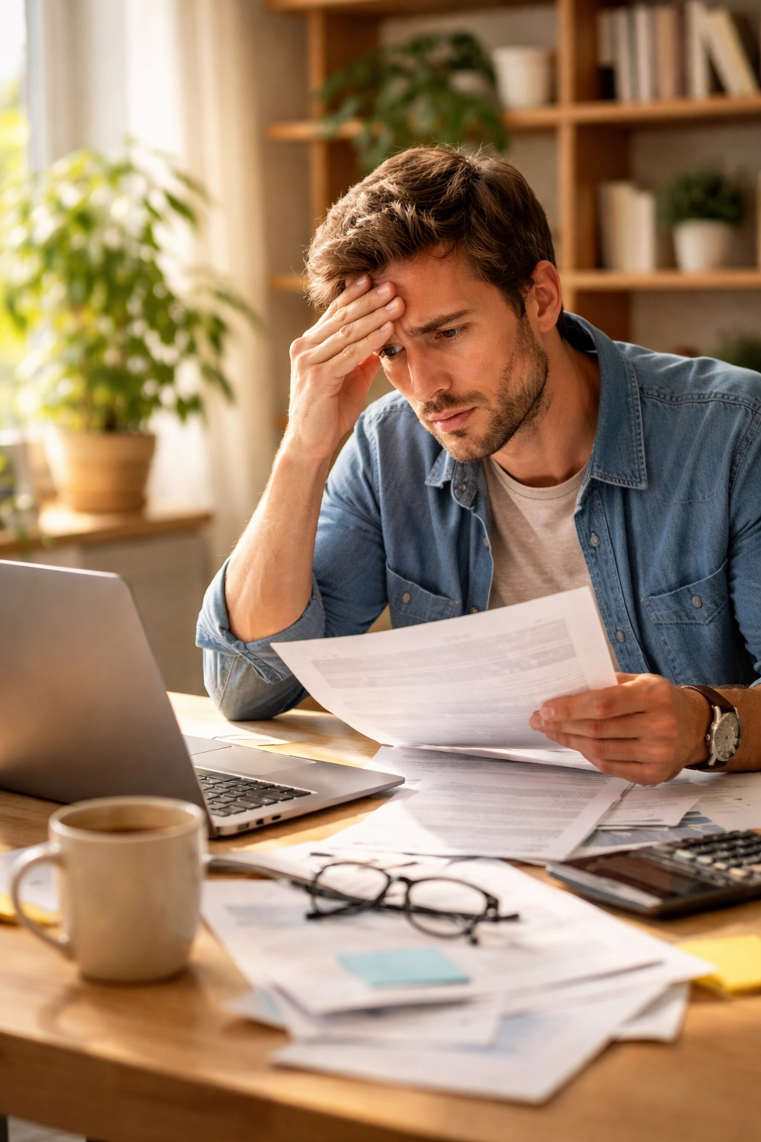 Stressed freelancer reviewing health insurance options at a bright home office, highlighting ACA premium frustrations.