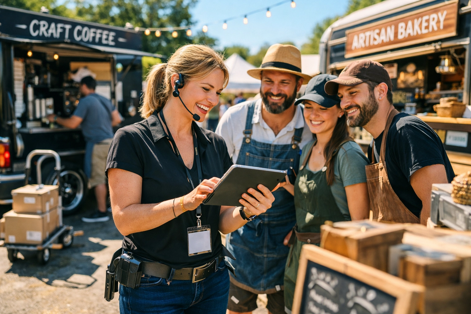Festival coordinator using a tablet to sync with traders during event load-in for seamless management.