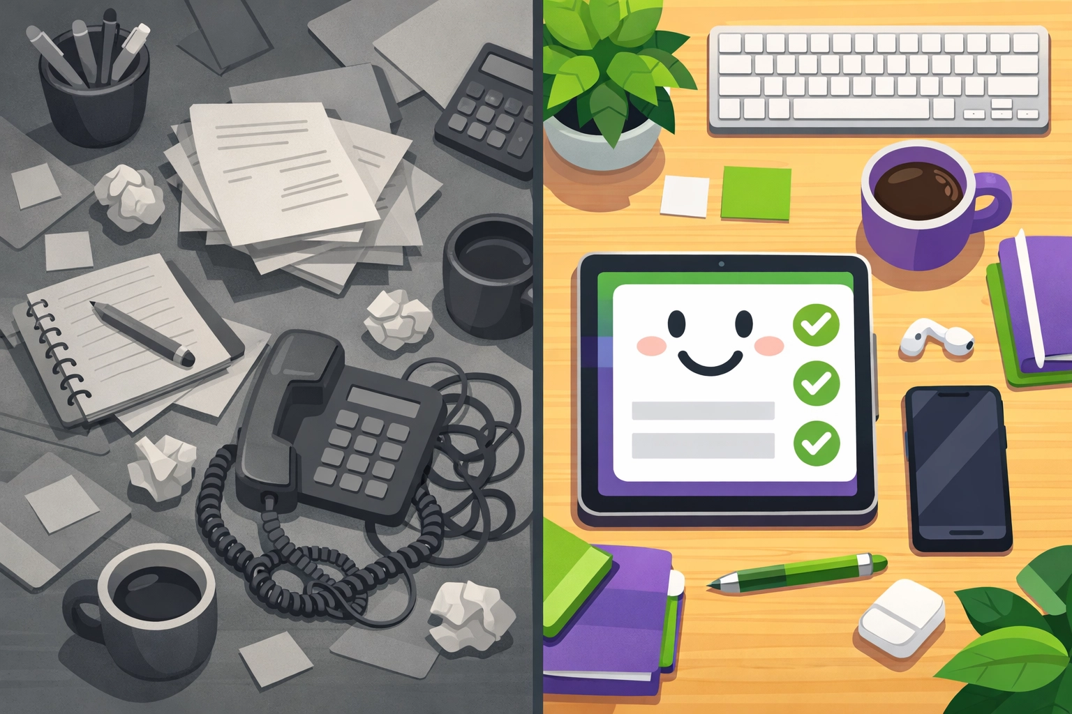 Comparing a cluttered desk to an organised digital lead management system for business growth.