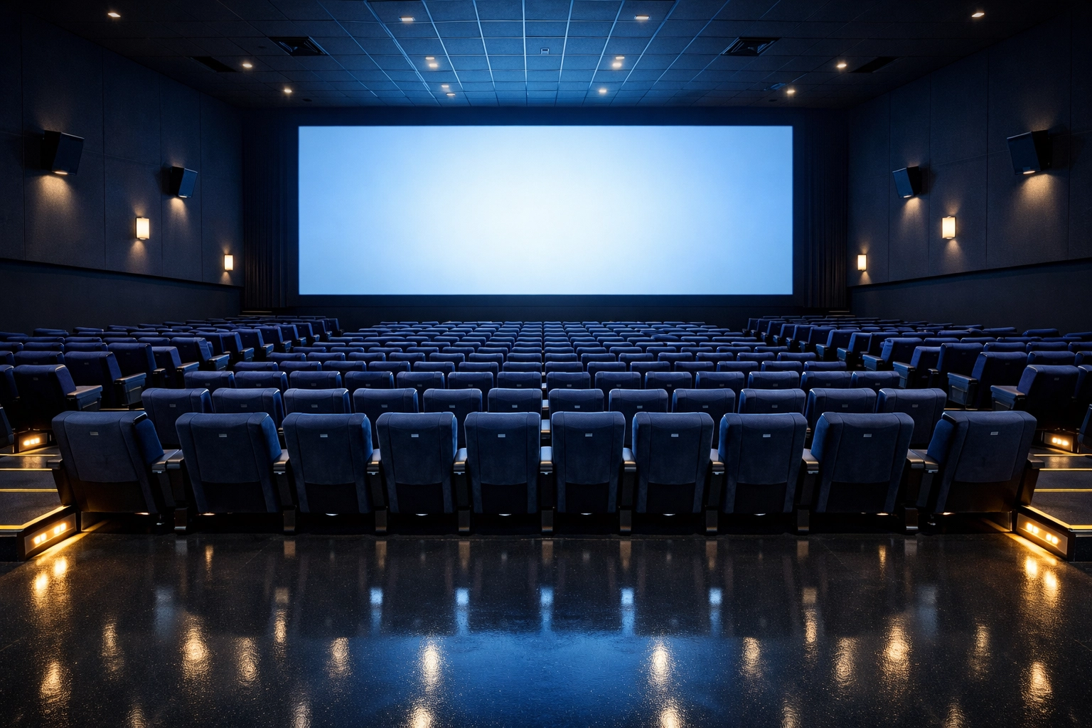 Spotless theater hall with rows of clean blue seats after a professional deep clean.