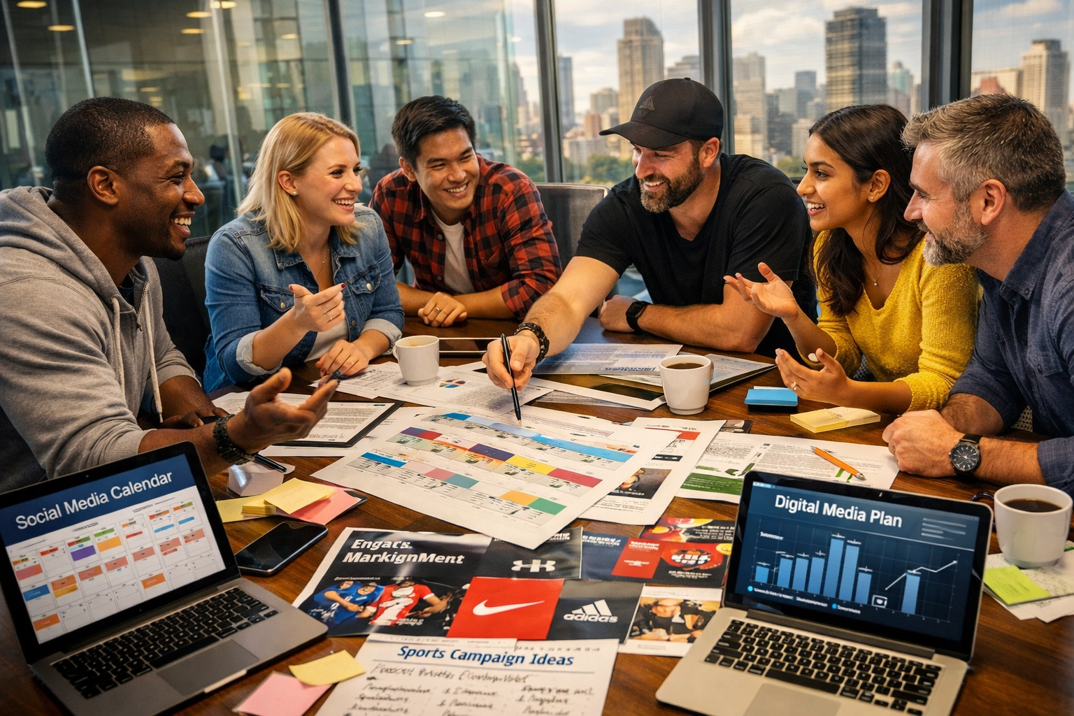 Sports marketing team collaborating on multi-brand press release strategy and content planning