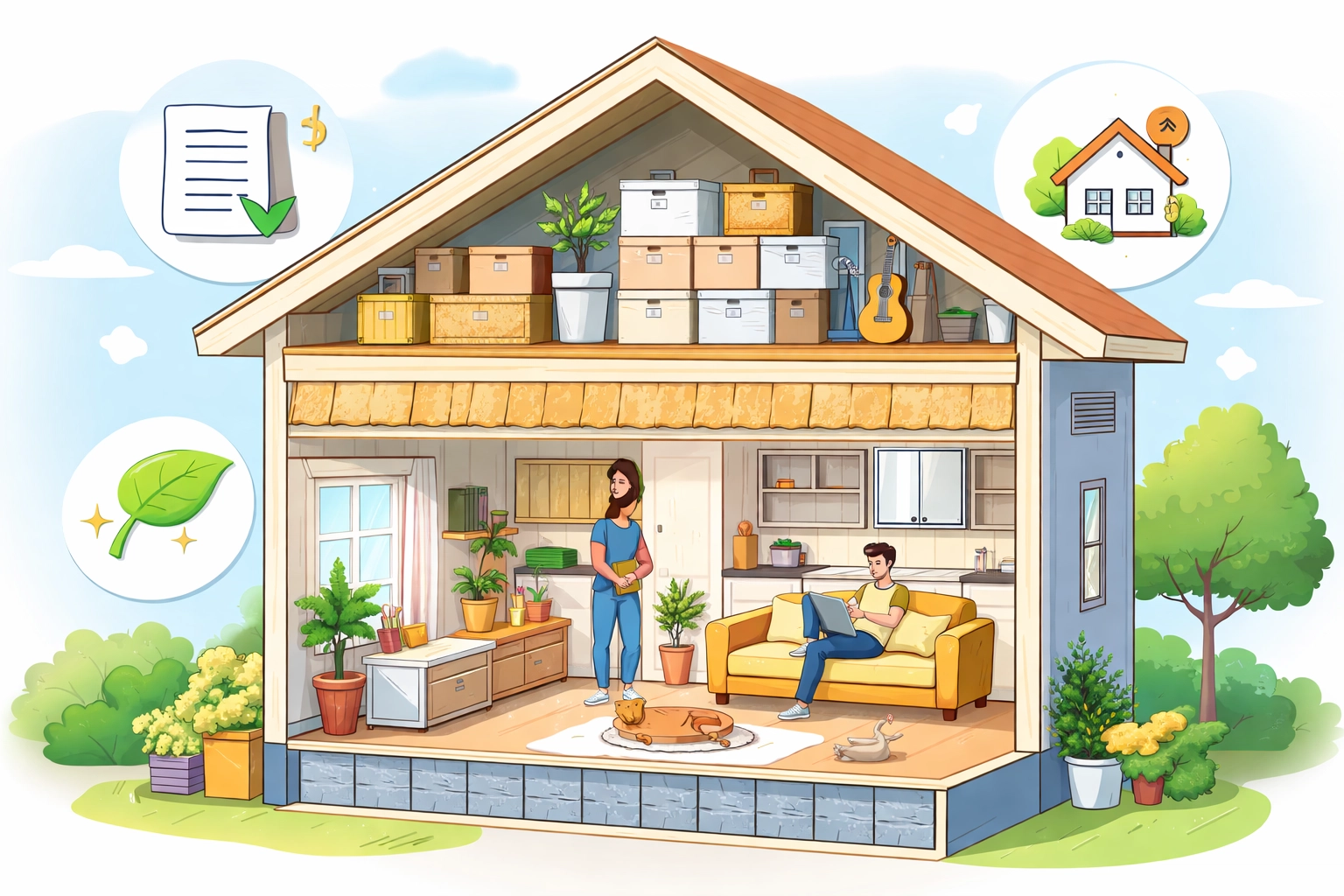 Isometric home cutaway of a loft with loft leg storage, full-depth insulation, and icons for energy savings and property value.