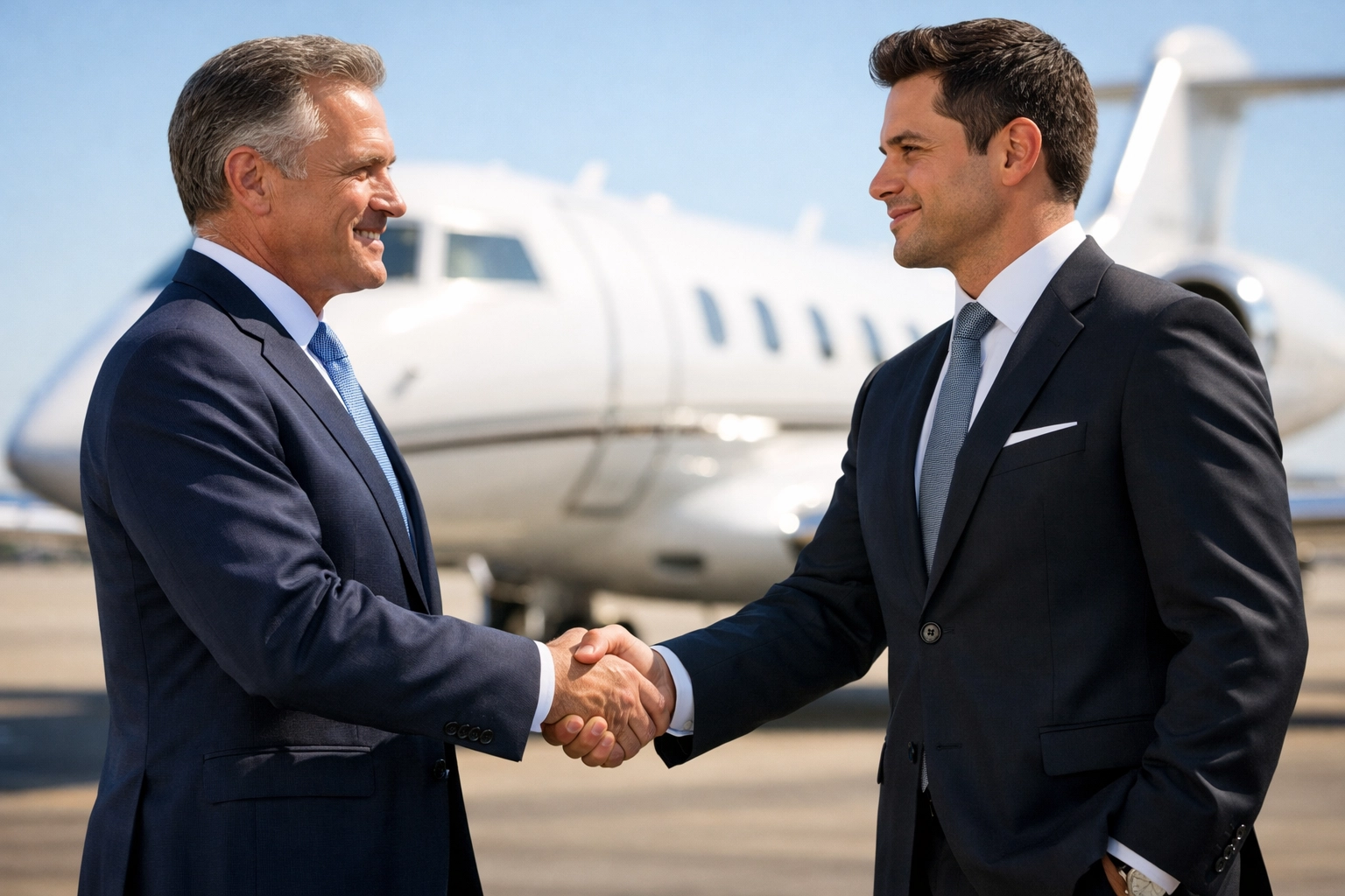Executives shaking hands near a private jet illustrating successful ROI and seamless corporate event travel management.