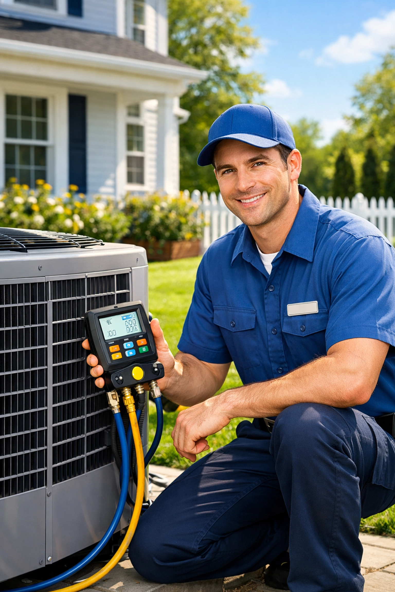 Professional HVAC technician performing expert air conditioner maintenance at a local Western New York home.