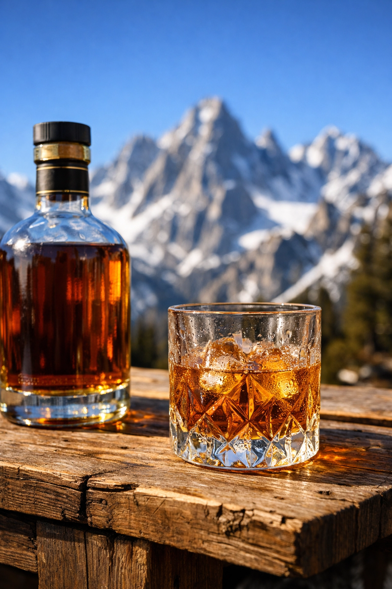 A glass of Shelter Distilling whiskey on a rustic table with snow-capped Mammoth Lakes mountains behind.