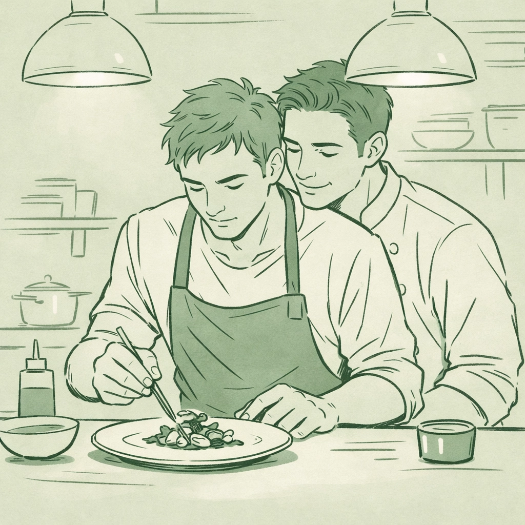 Two male chefs collaborating in kitchen, MM romance culinary scene