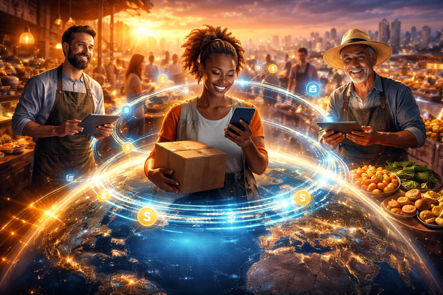 Merchants worldwide connected by digital payment streams, illustrating Larecoin's global crypto ecosystem.