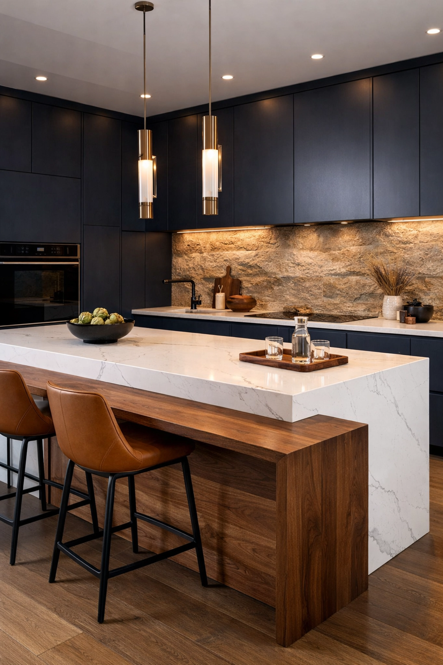 Modern navy blue kitchen featuring a white quartz waterfall island and bespoke walnut bar.