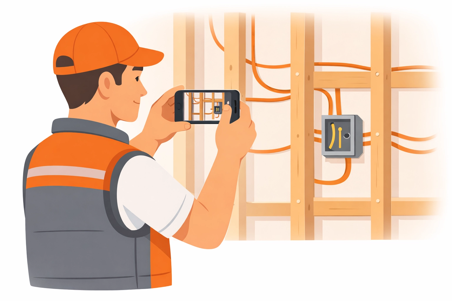 Contractor using a smartphone to document electrical wiring and framing before drywall installation.