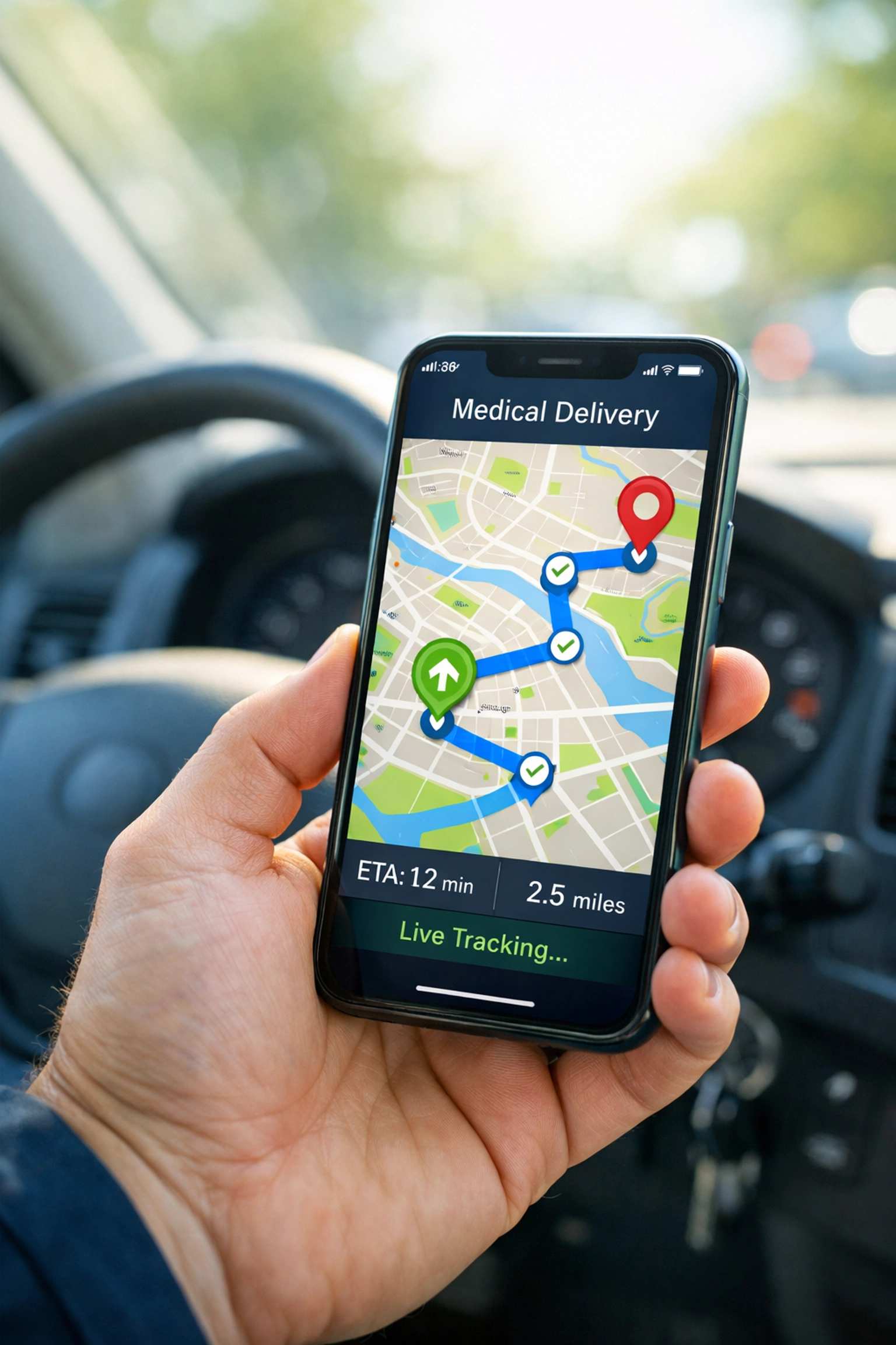 GPS tracking on smartphone showing real-time medical courier delivery route