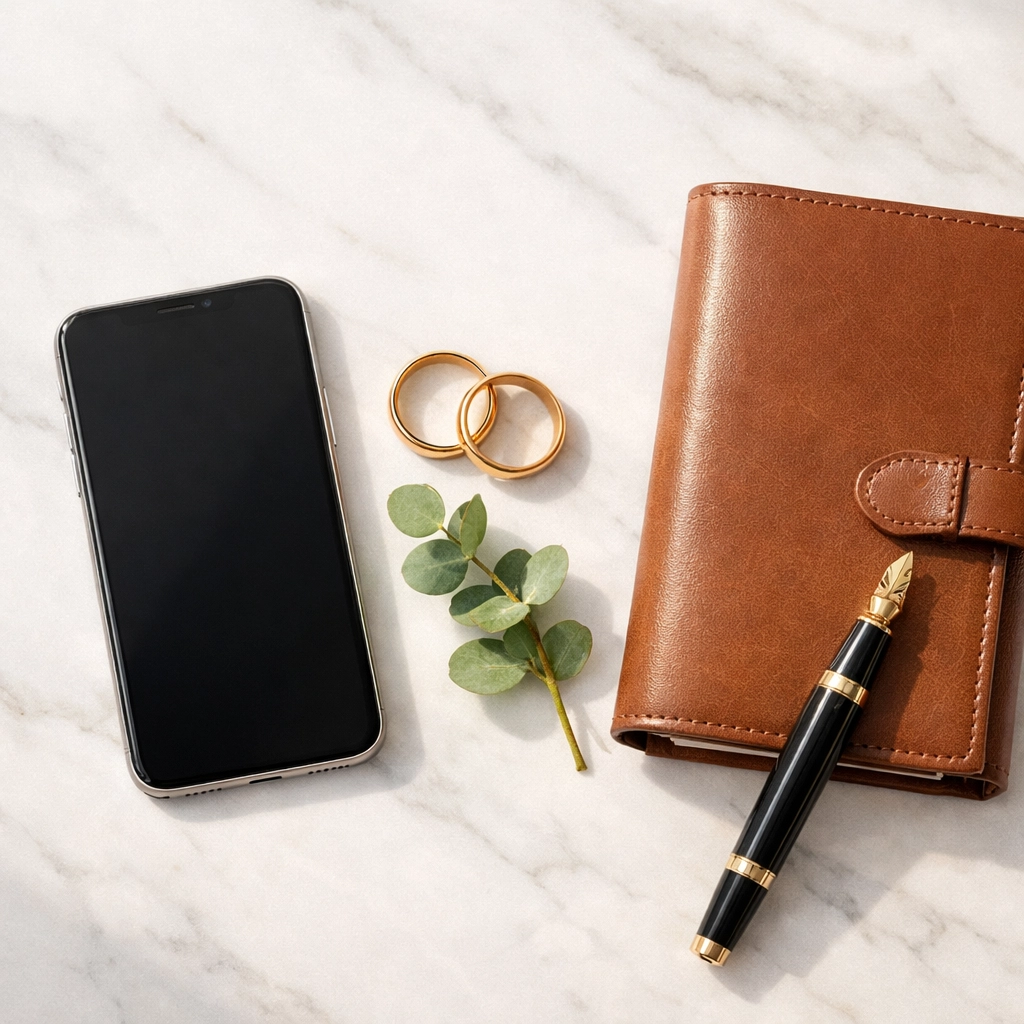 Smartphone and wedding bands on a marble desk, representing organized wedding budget planning.