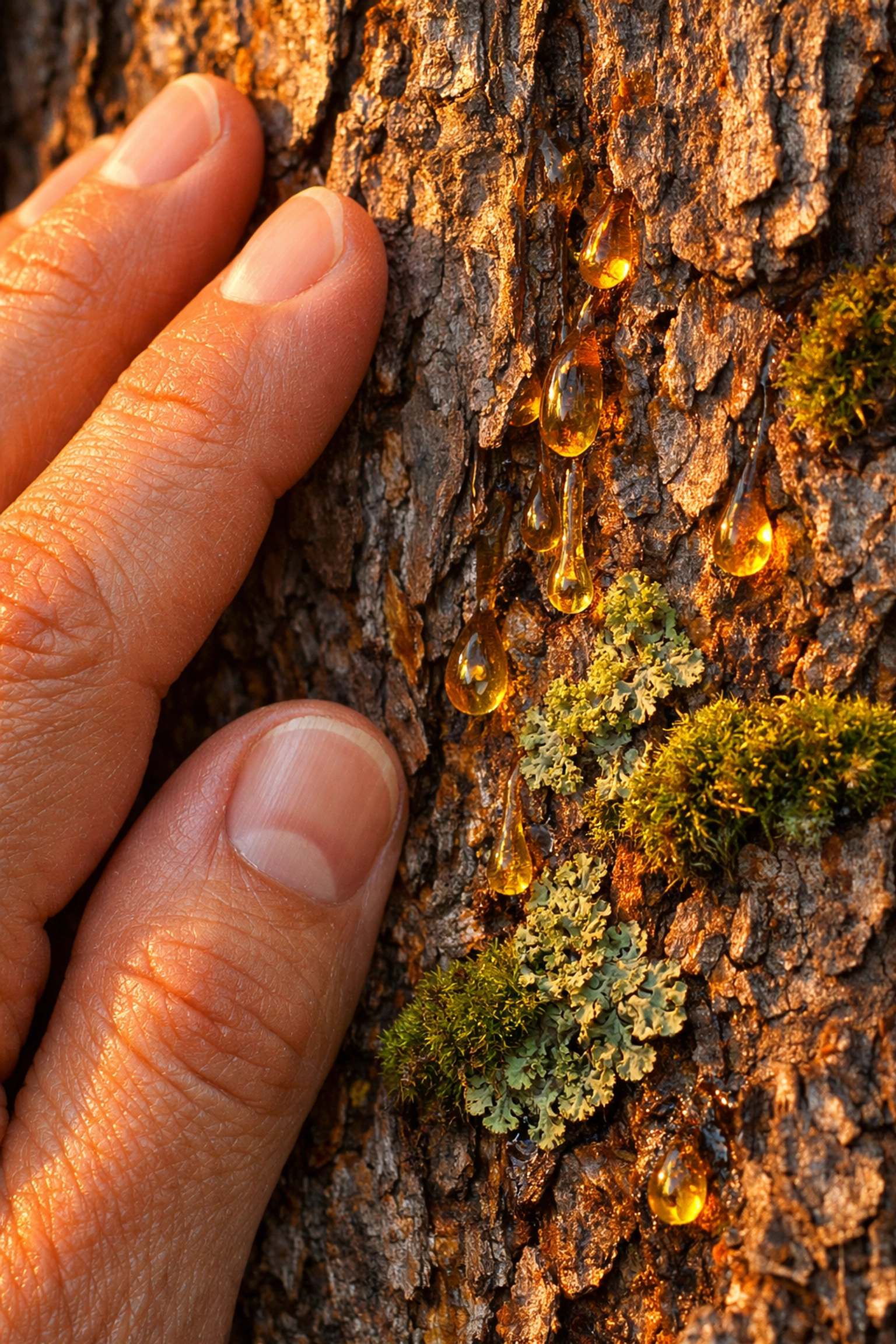 Close-up of a hand touching rough pine bark and moss, highlighting the sensory mapping technique of forest bathing.