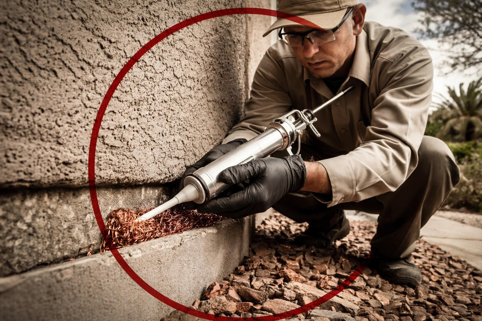 Pest control technician sealing foundation cracks on a Coolidge AZ home to prevent pest entry