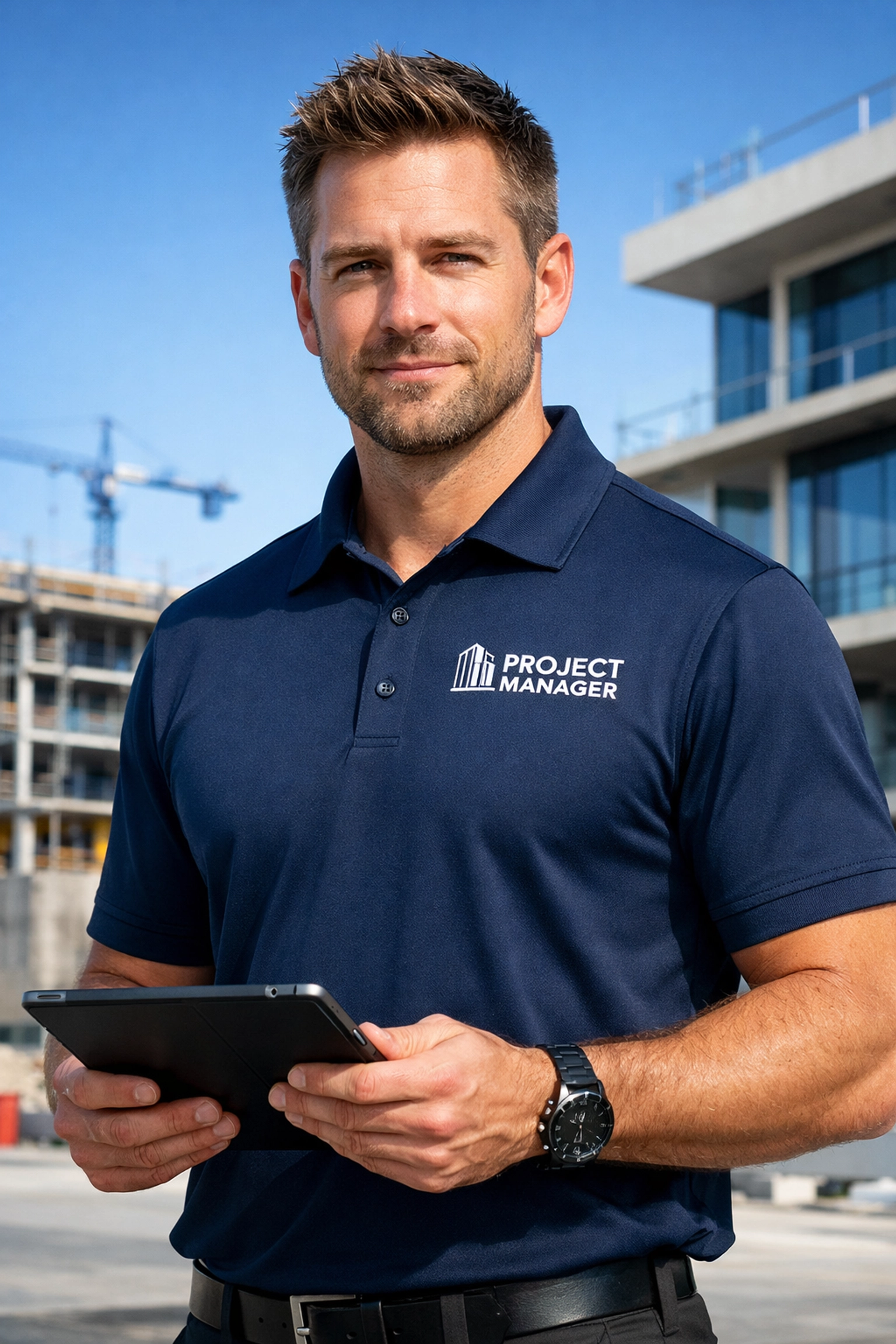 Project manager wearing a custom embroidered moisture-wicking polo shirt at a construction site.