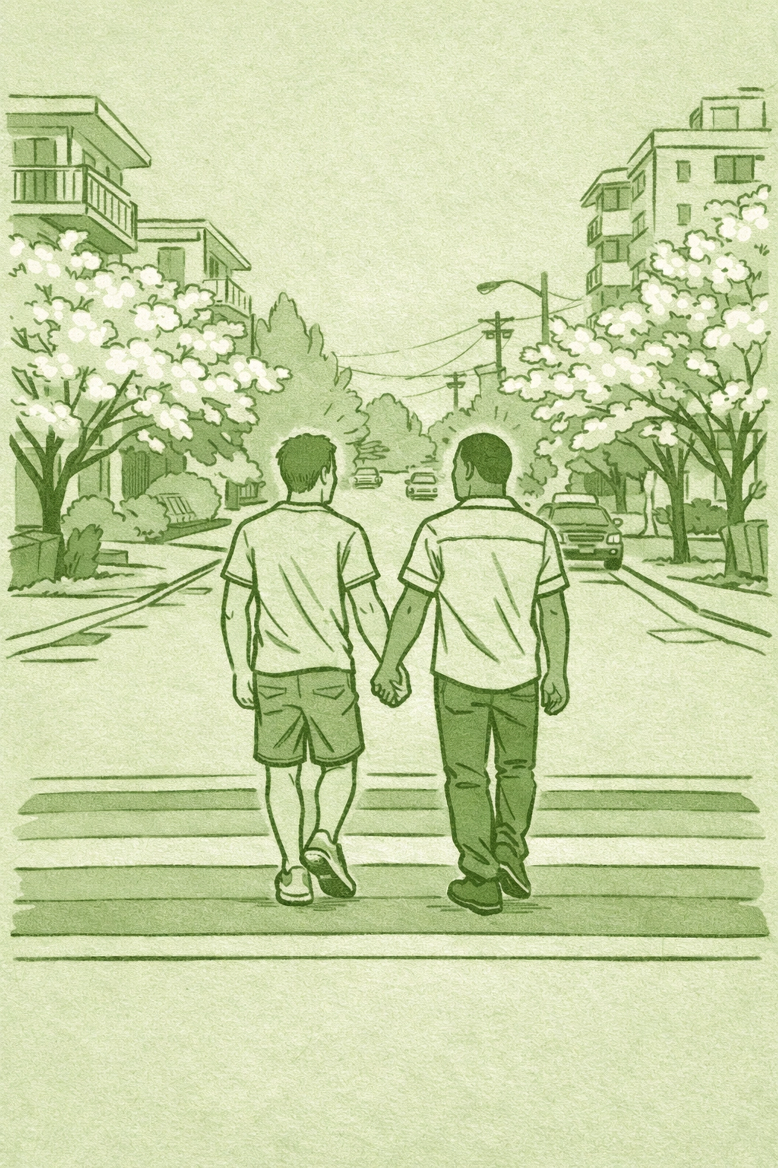 Gay couple holding hands on Vancouver West End street with rainbow crosswalk, celebrating freedom