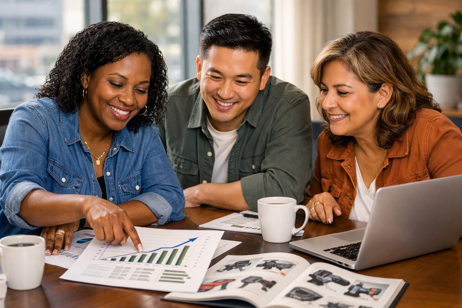 Small business owners reviewing tax planning documents and equipment investment strategies