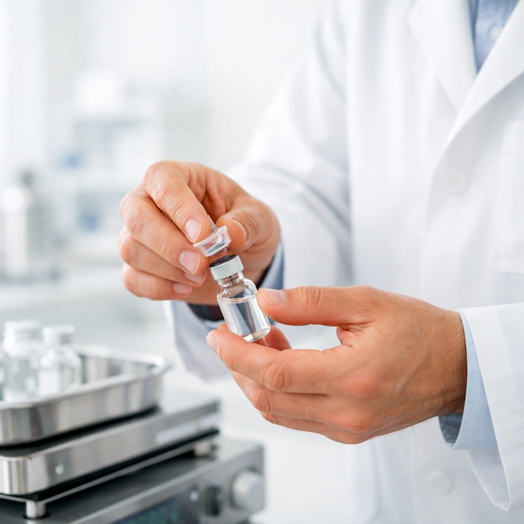 Pharmacist in a professional lab preparing compounded Tirzepatide for medical weight loss.