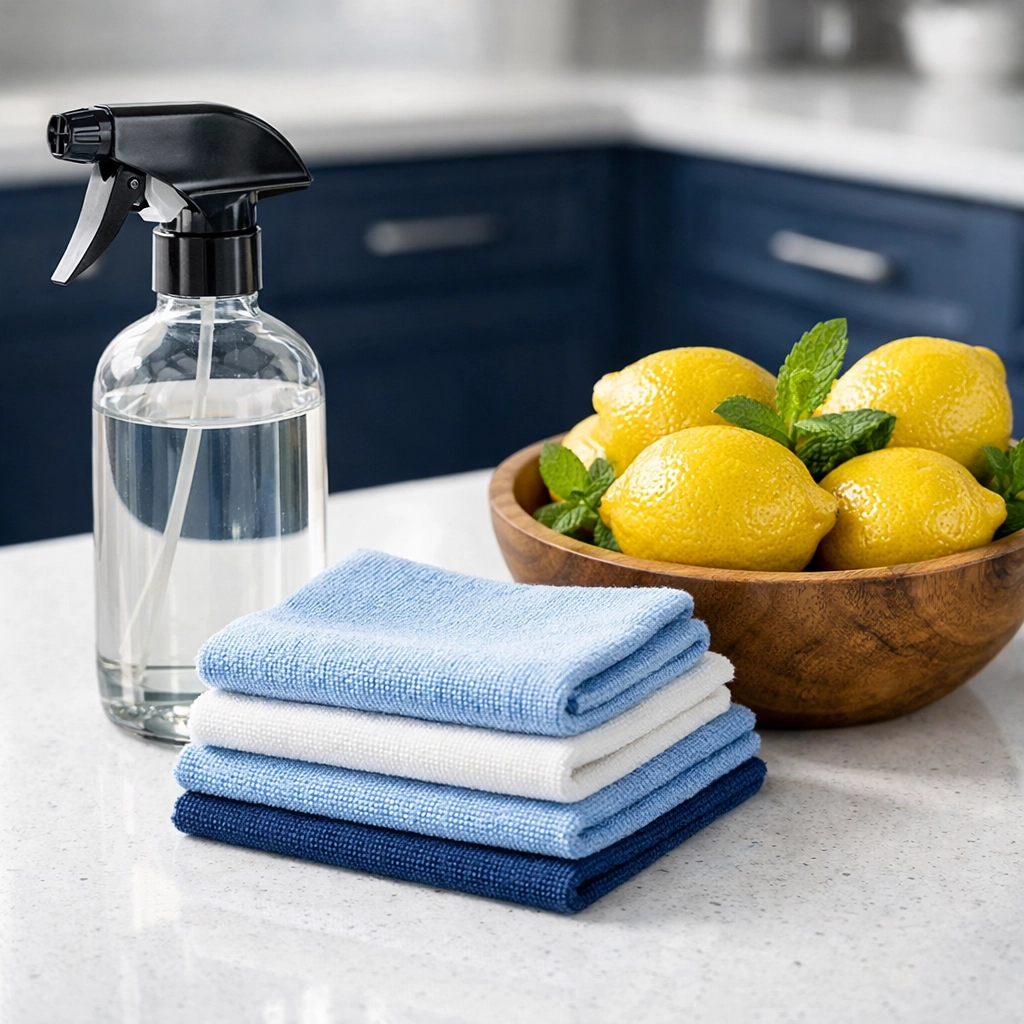 Natural cleaning kit with lemons, microfiber cloths, and a glass spray bottle for non-toxic floor maintenance.
