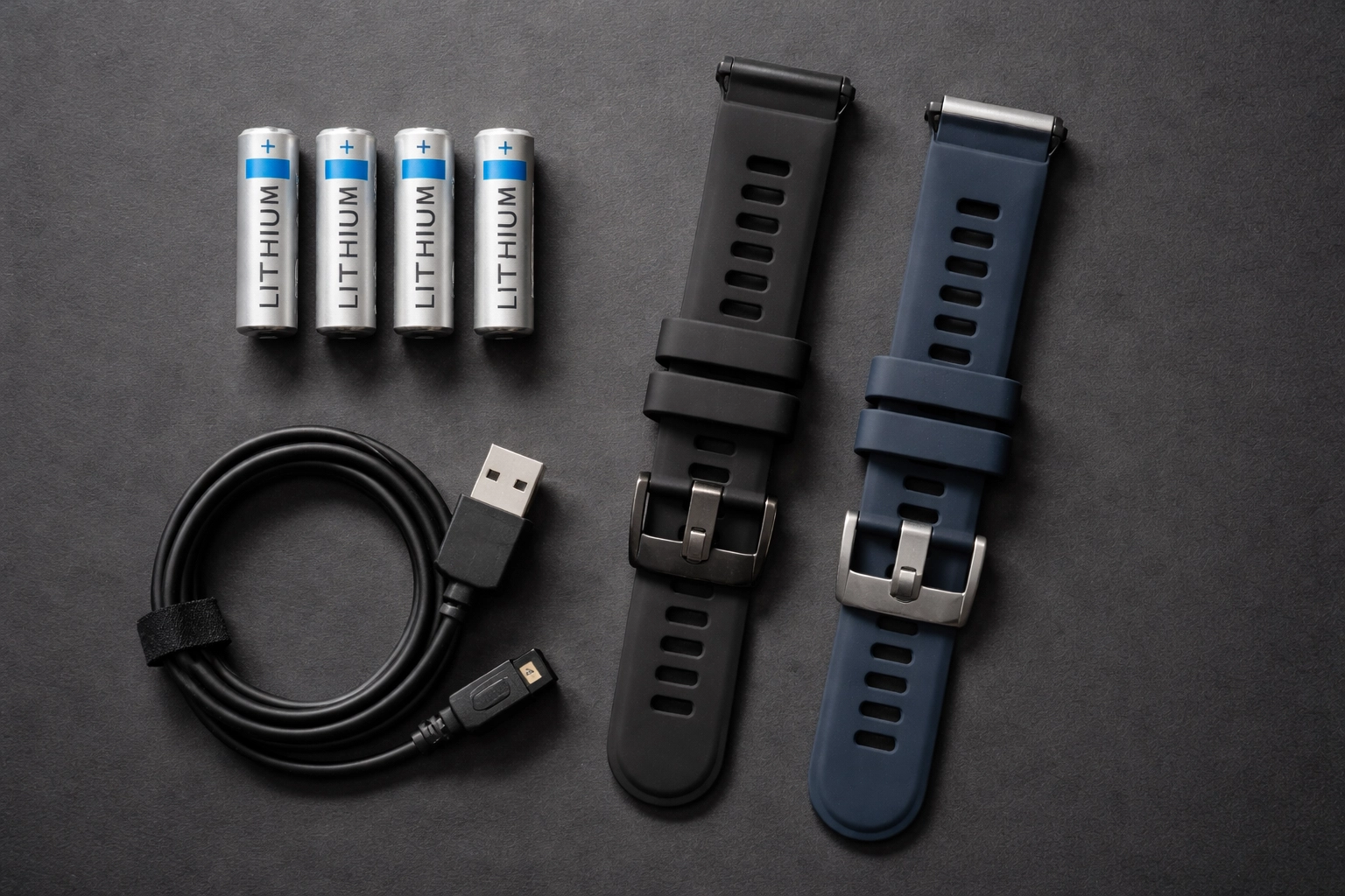 Flach gelegte Auswahl an Tauchcomputer-Zubehör inklusive AA-Batterien und Wechselarmbändern für Garmin und Shearwater