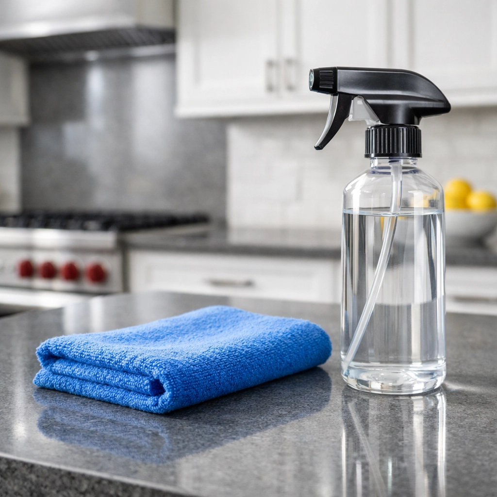 Close-up of a sanitized kitchen countertop highlighting expert house cleaning Pepperell MA services.