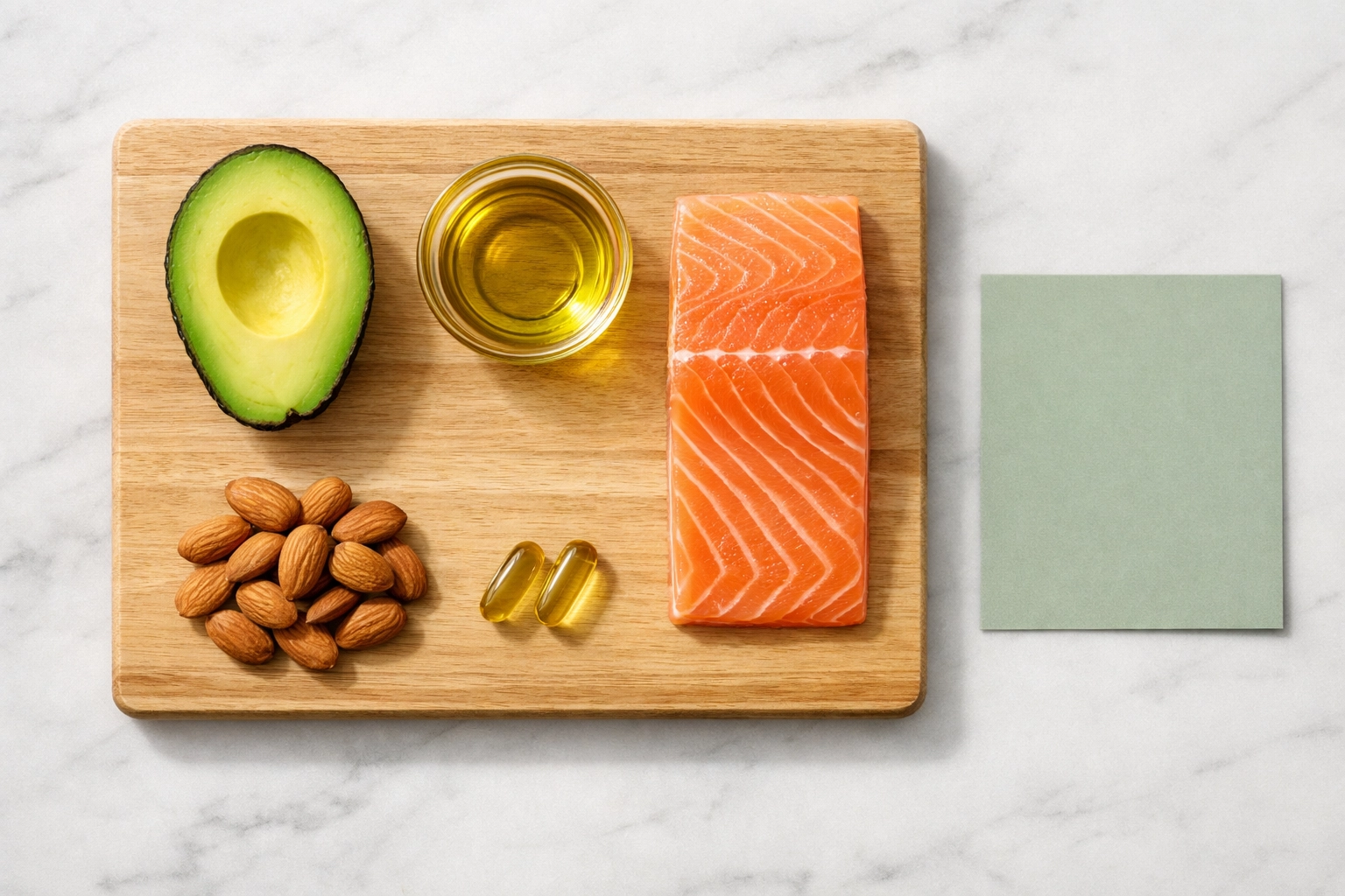 Healthy fats like avocado, salmon, and olive oil paired with fat-soluble vitamin supplements for optimal absorption