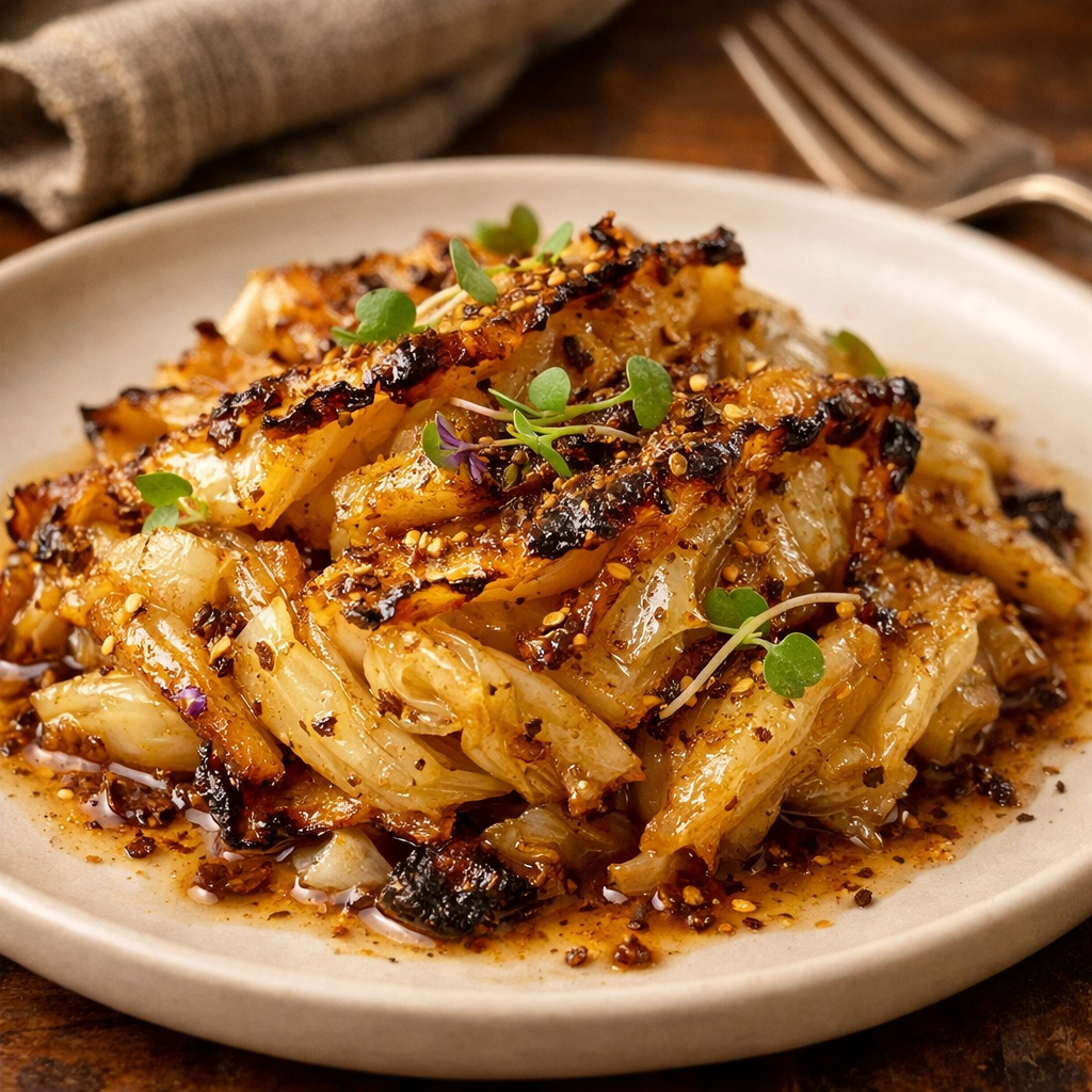 Elegantly plated braised Southern cabbage with a golden glaze and micro-green garnish.