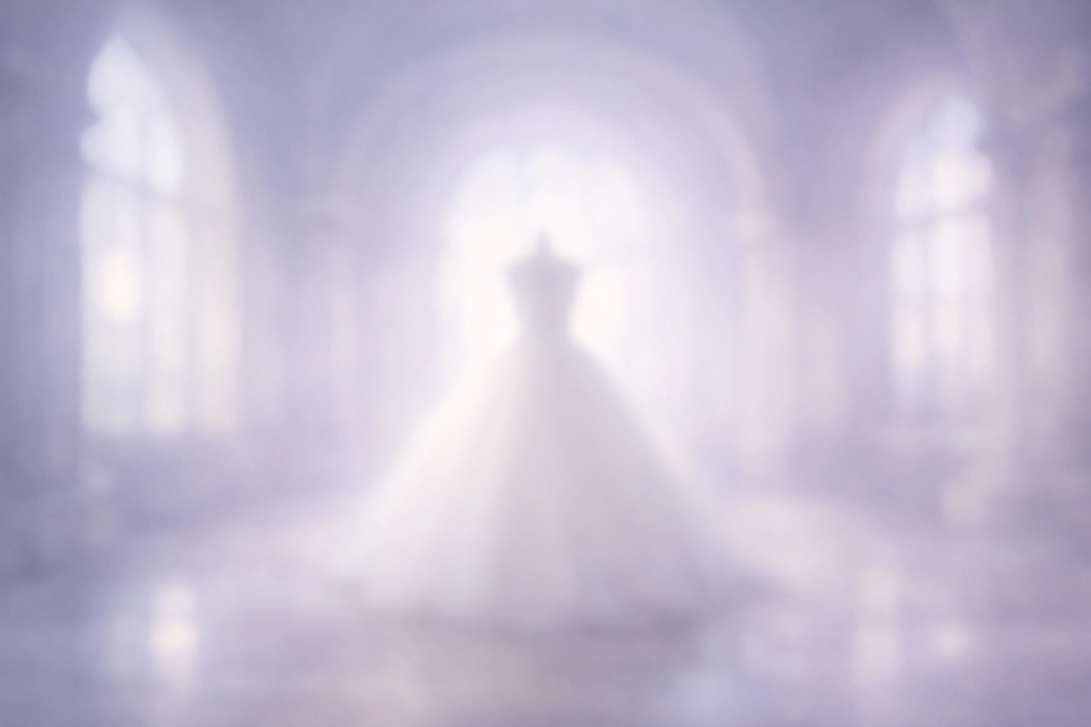 Soft silhouette of a luxury wedding dress in a grand historic hallway with tall arched windows.