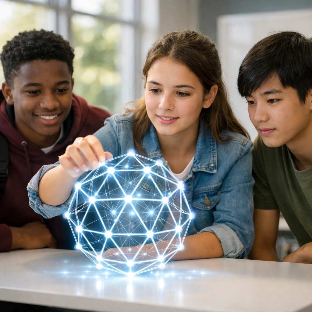 Students exploring SAT function notation through interactive models in a modern classroom.