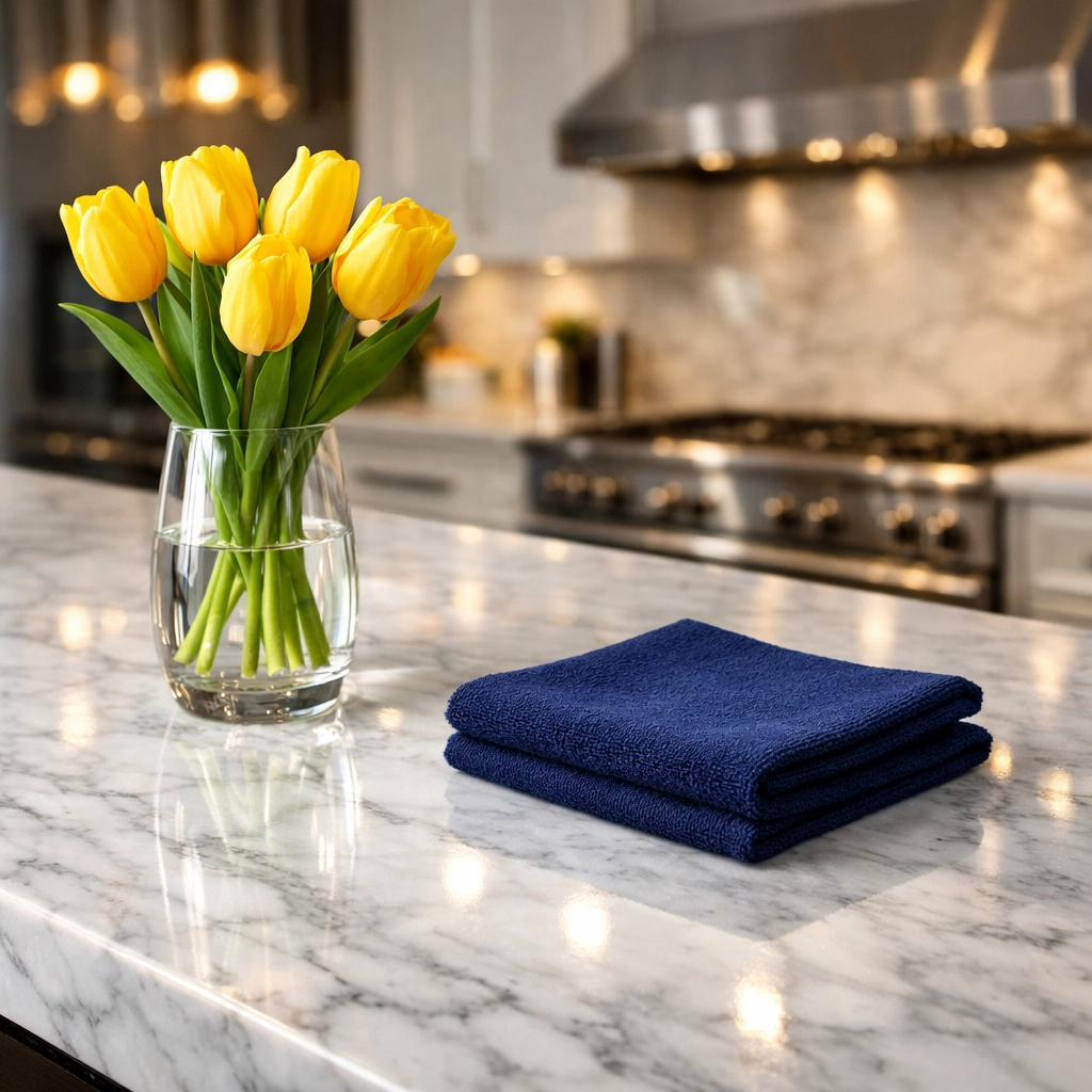 Detailed marble kitchen island clean showing the quality standards of cleaning services near me.