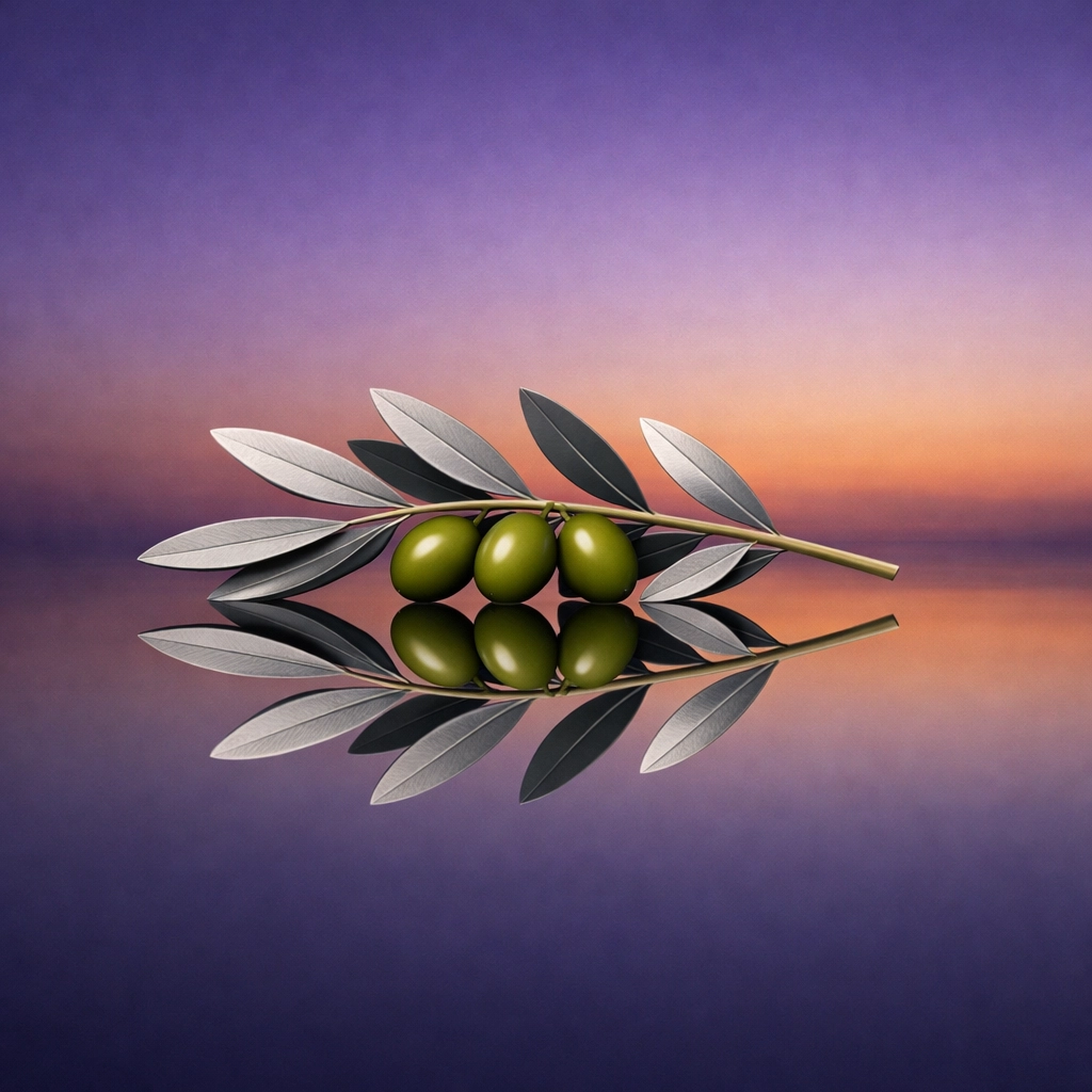 A green olive branch on still water under a sunset sky, symbolizing a call for peace in the Middle East.
