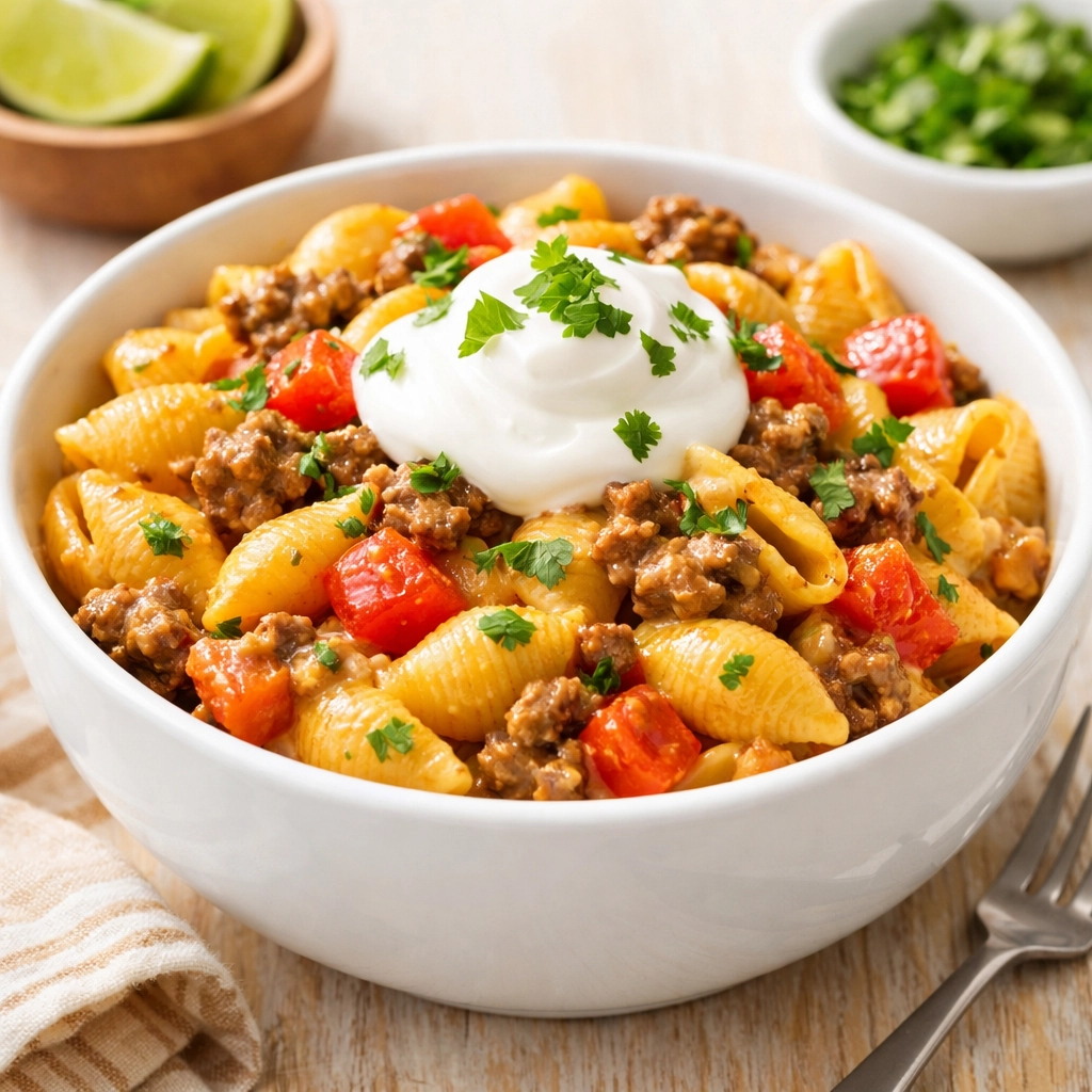 Cheesy 5-ingredient taco pasta with ground beef, a satisfying easy weeknight dinner for kids and adults.