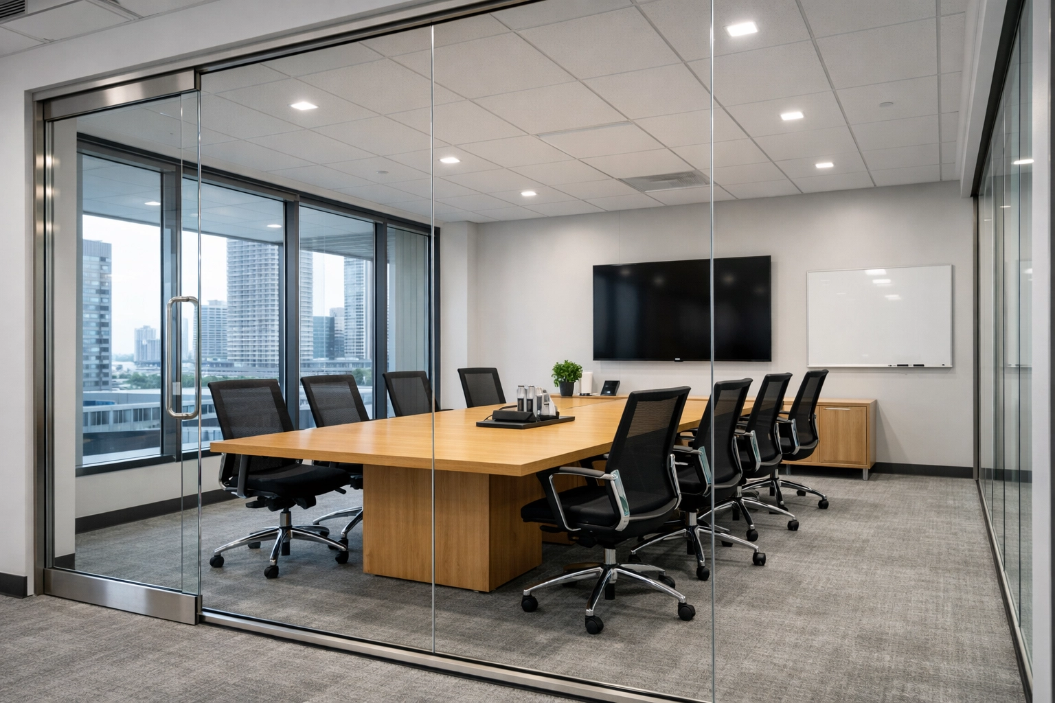 Clean glass-walled conference room in a Midwest office building ready for professional business meetings.