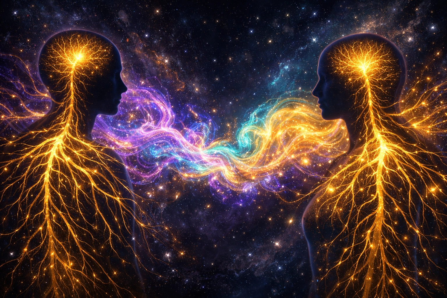 Visionary art of two nervous systems connecting through co-regulation to improve relationships.