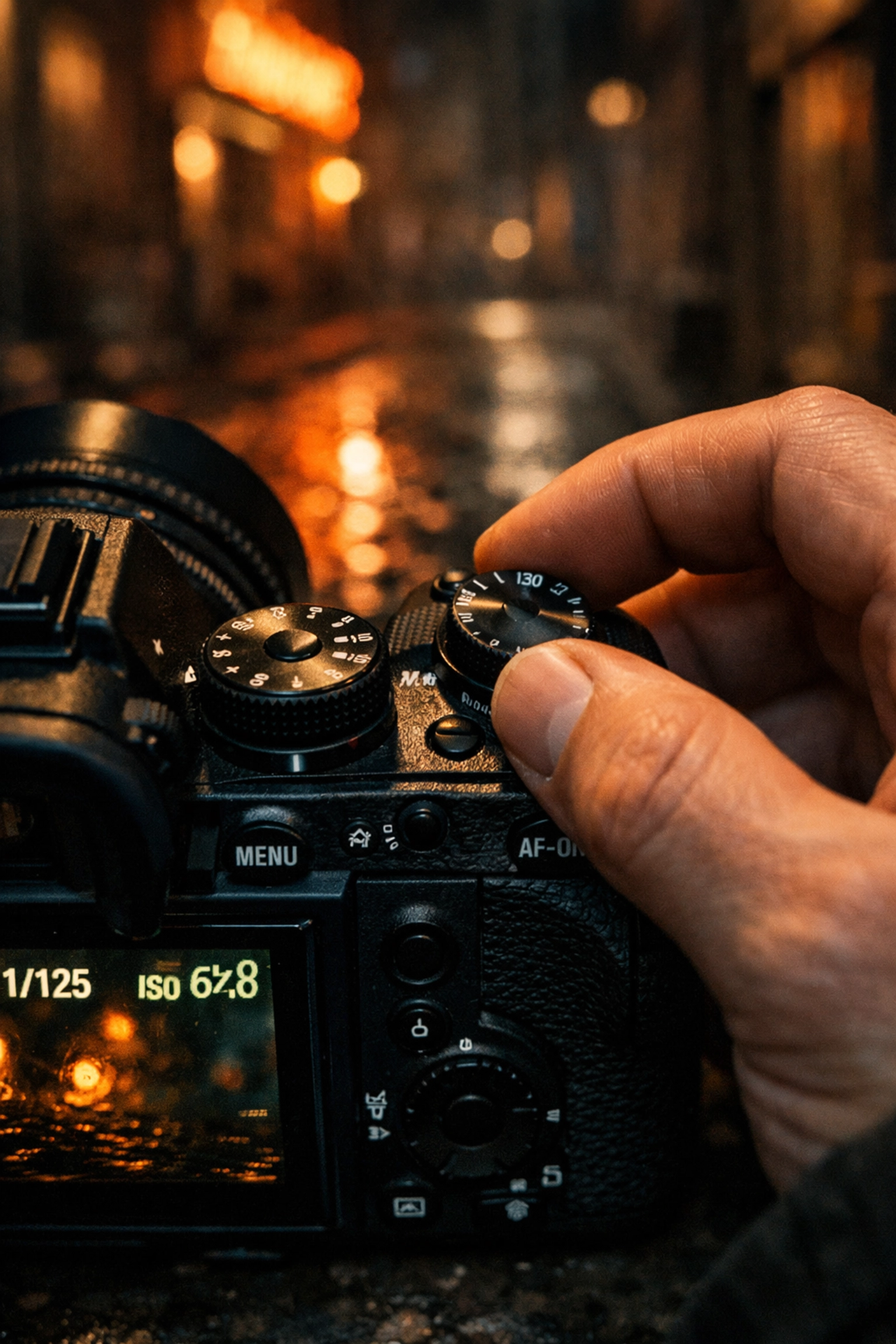 Photographer adjusting high ISO settings on a camera to avoid manual mode mistakes in low light.