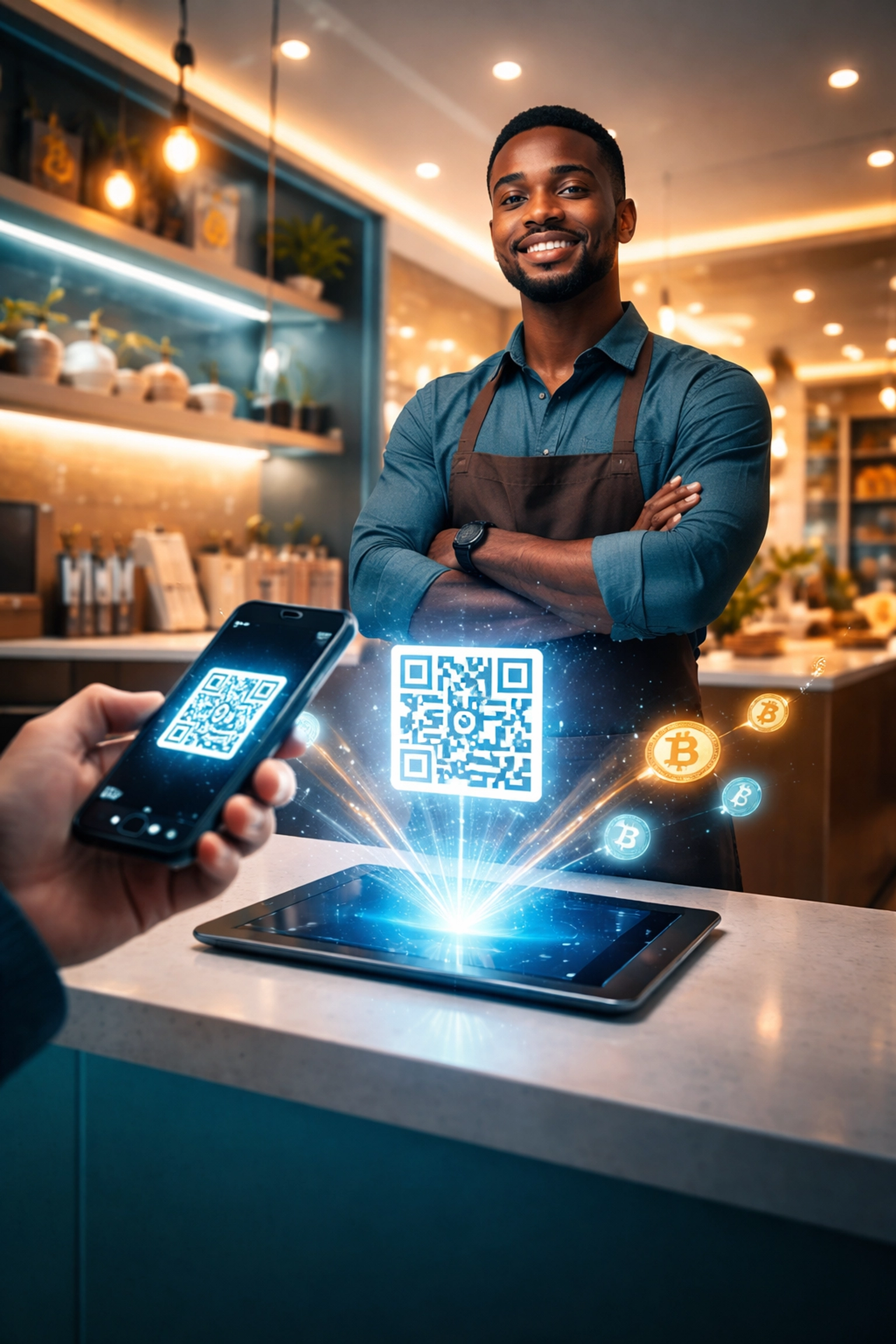 Small business owner uses crypto POS system with QR code for seamless digital payments in boutique store