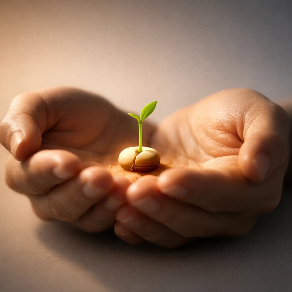 Hands nurturing a sprouting seed symbolizing leadership growth through vulnerability and trust