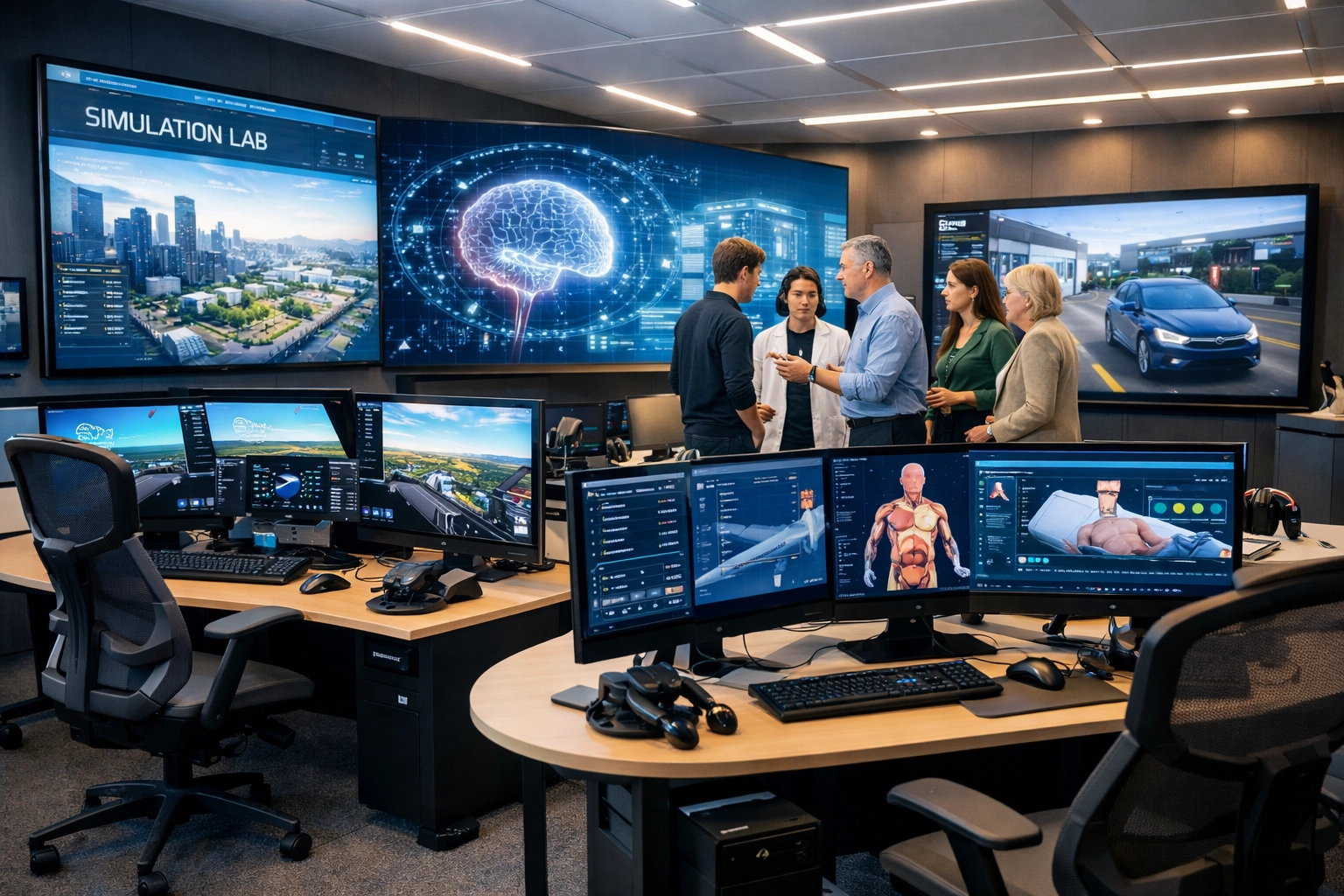 Modern educational technology center featuring simulation learning workstations and digital media production tools.