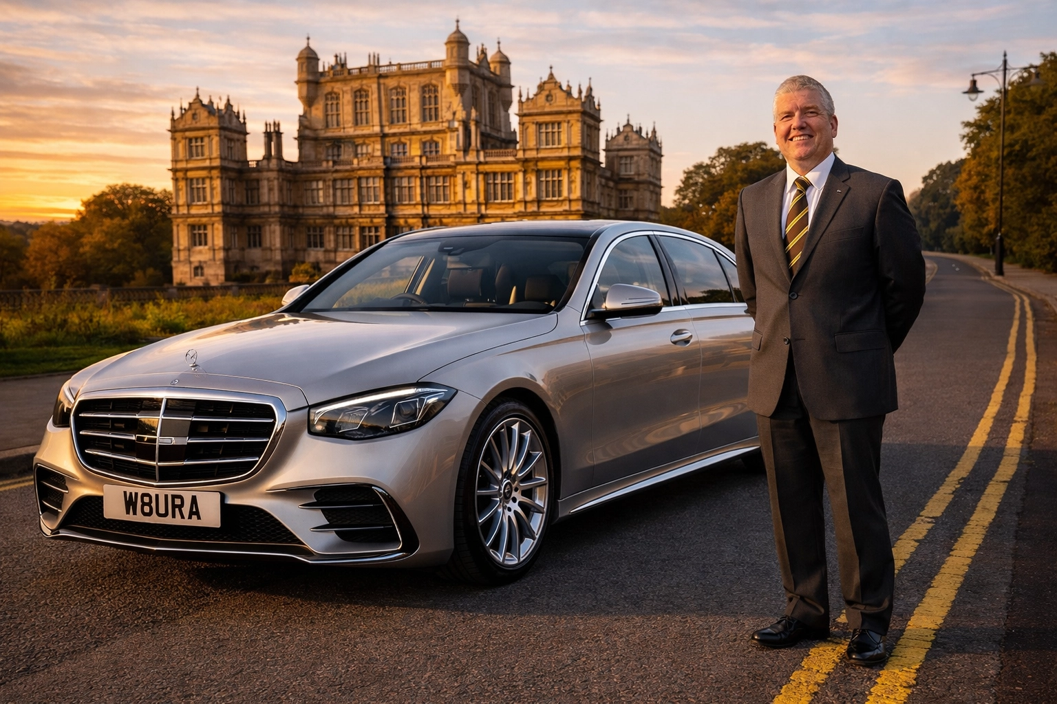 Luxury silver Mercedes-Benz S-Class W223 (W8URA) chauffeur hire in Nottingham on-road near the Wollaton Hall area during golden hour, doors closed.
