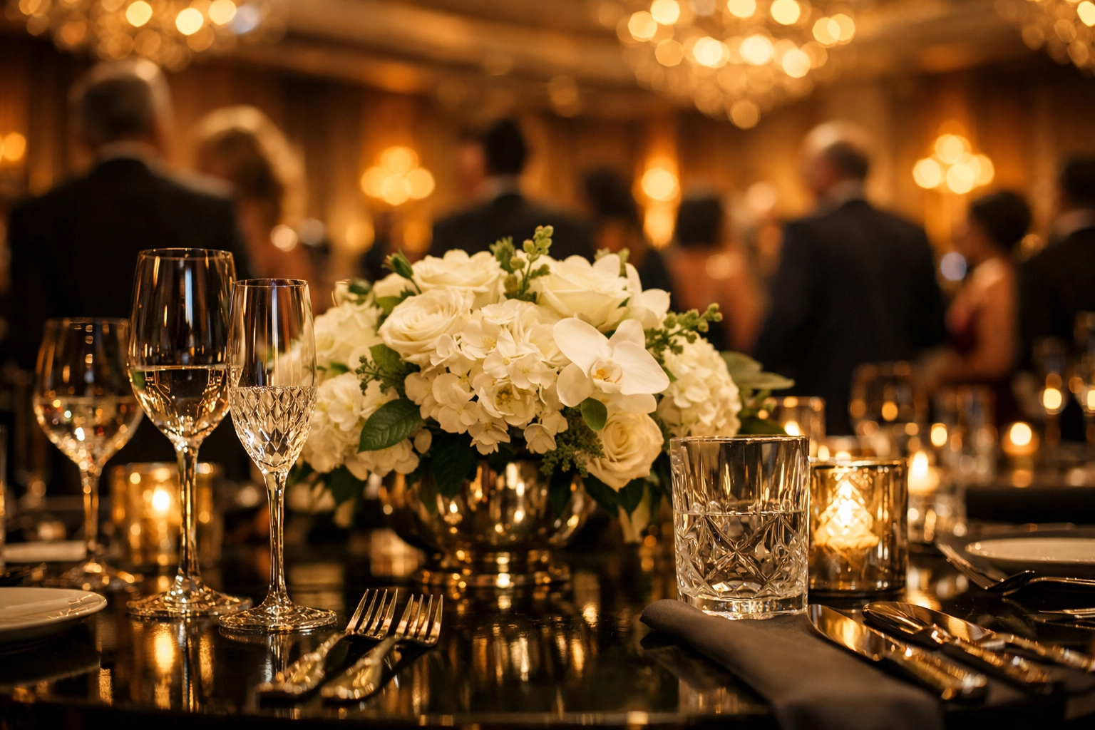 Elegant gala dinner setting at Carmen's Event Centre for the Hamilton Charity of Hope fundraiser.