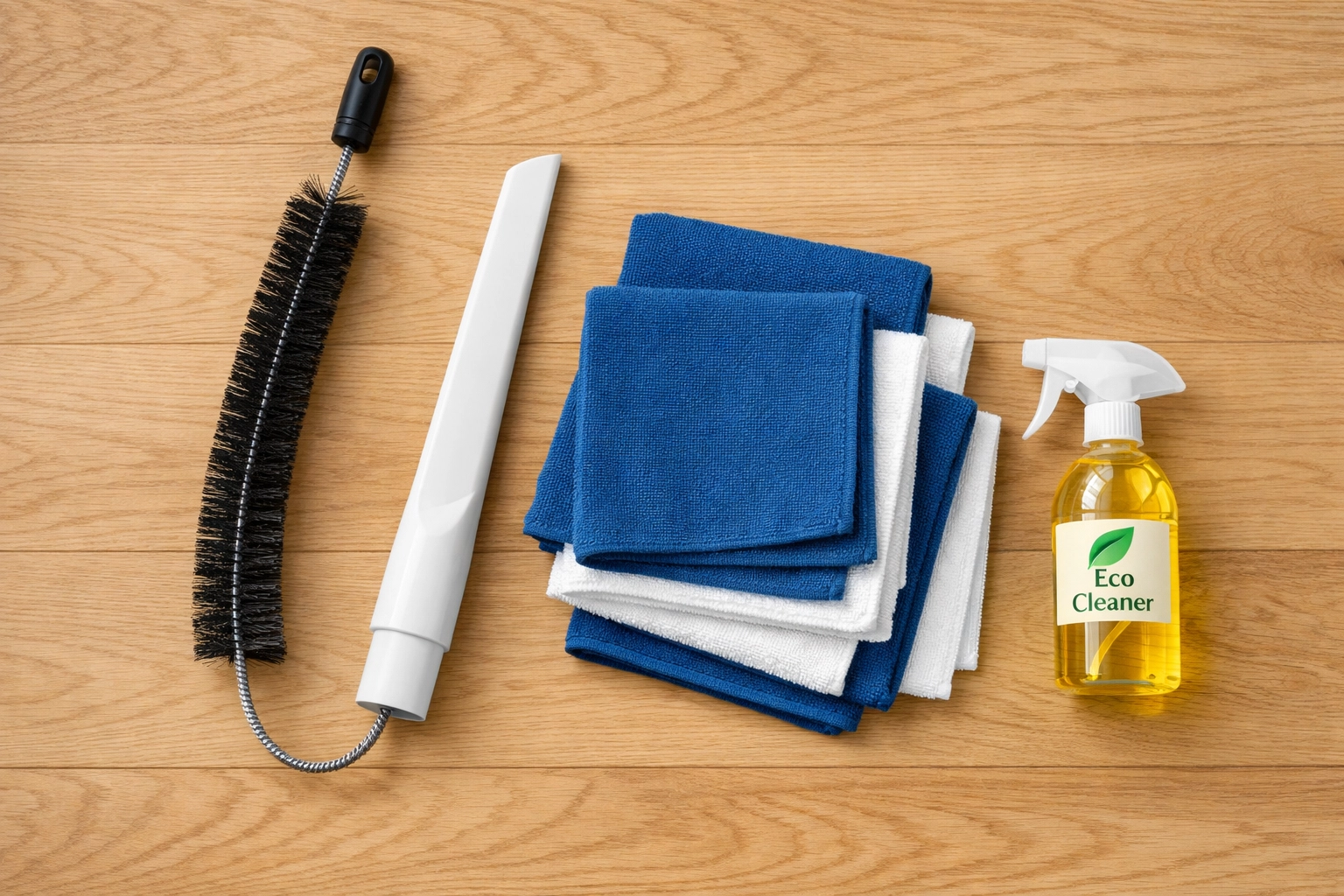 Professional radiator cleaning tools including a long brush, vacuum attachment, and microfiber cloths.